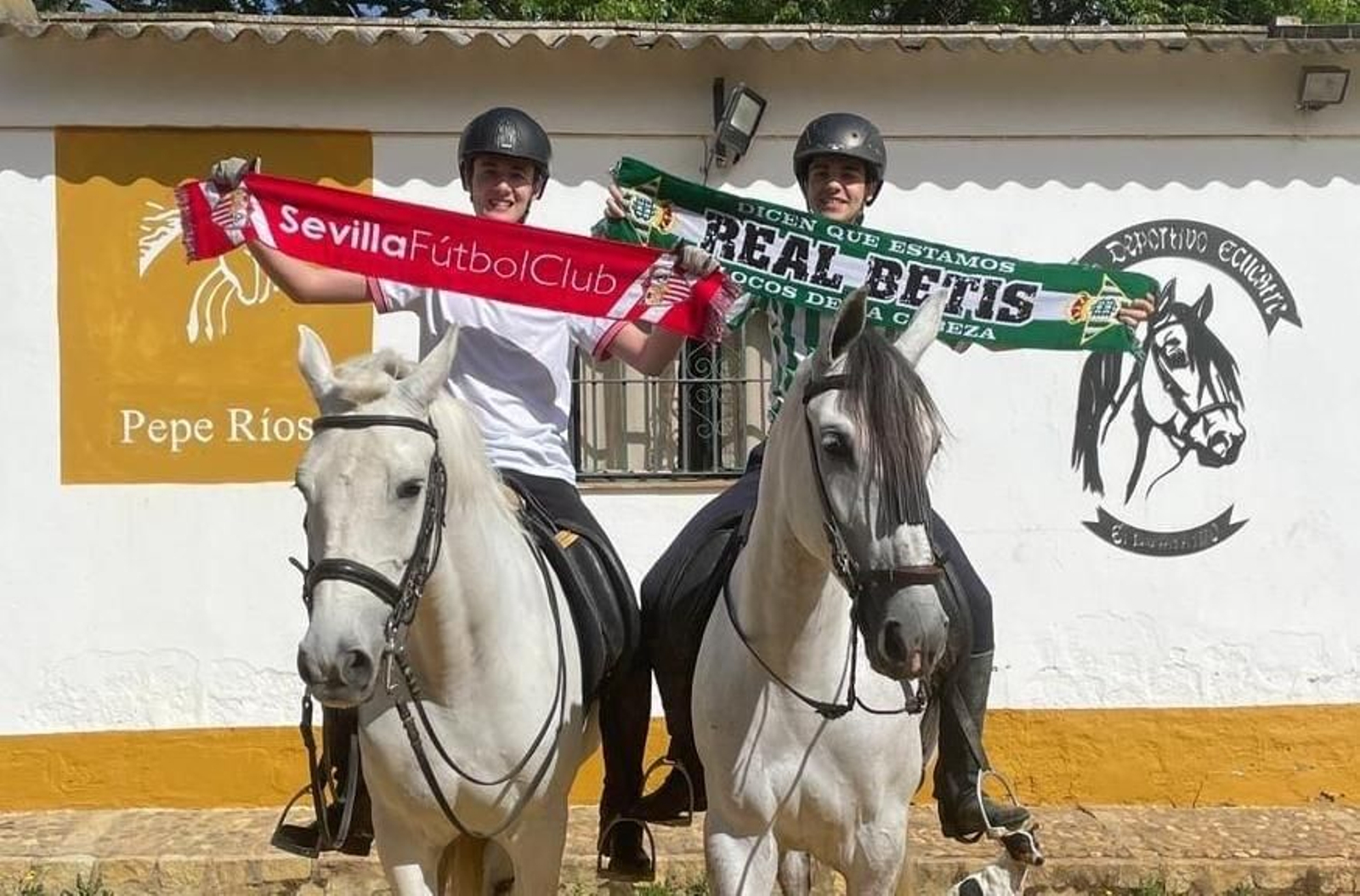 Victorino y Cristóbal respectivamente, posan con la bufanda del Sevilla FC y Real Betis a lomo de sus caballos. Victorino y Cristóbal respectivamente, posan con la bufanda del Sevilla FC y Real Betis a lomo de sus caballos.