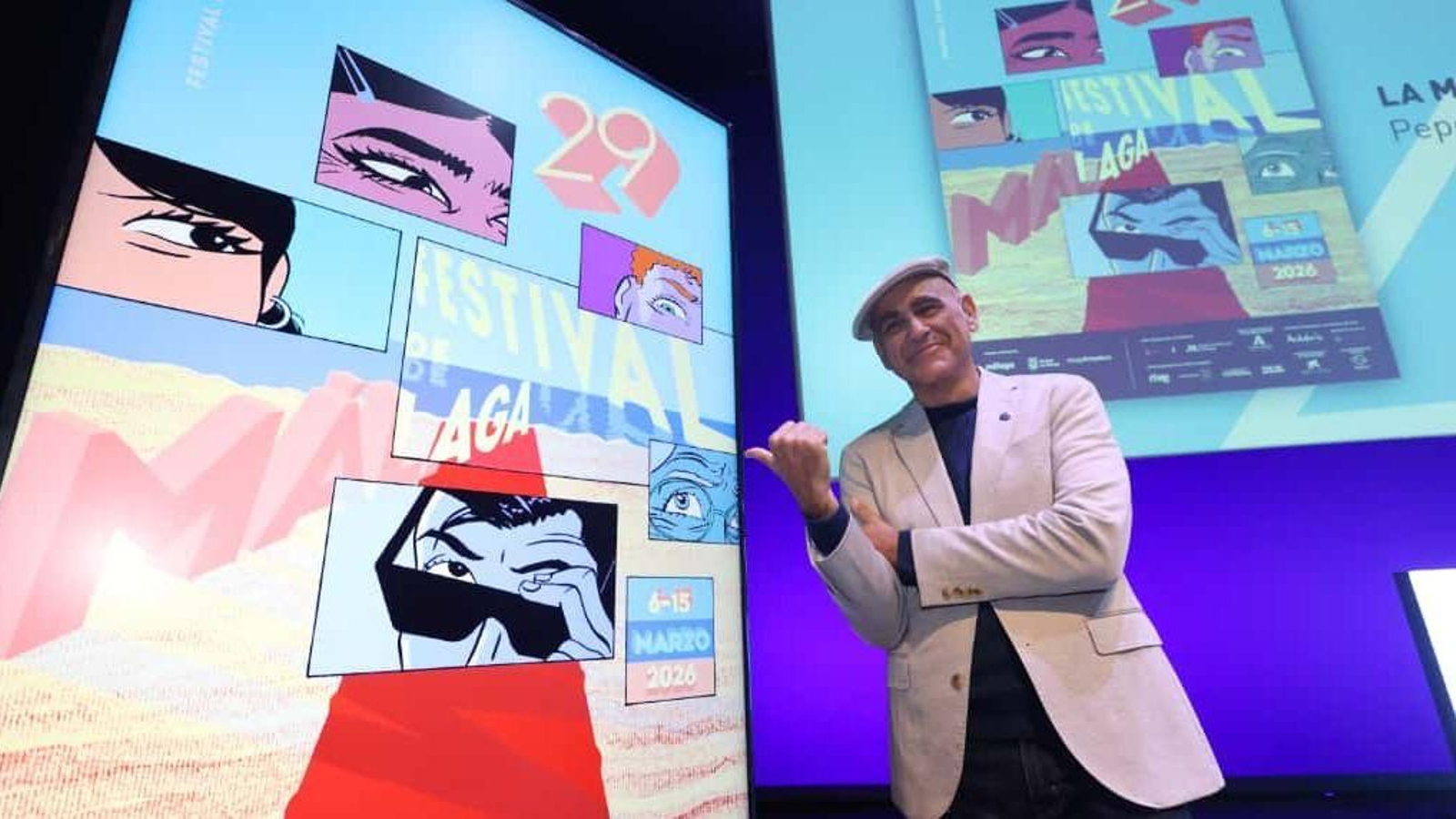 El dibujante y diseñador Pepo Pérez presentando el nuevo cartel del Festival de Málaga