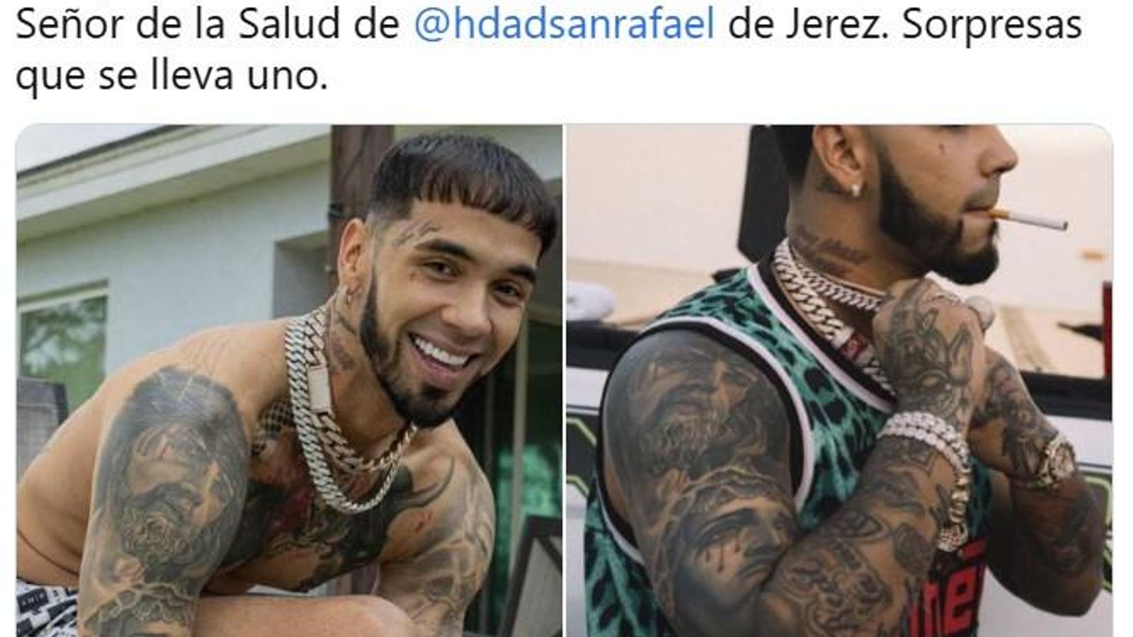 Tuit de Fernando J. Aguado en el que identifica al Señor de la Salud en el brazo de Anuel AA.