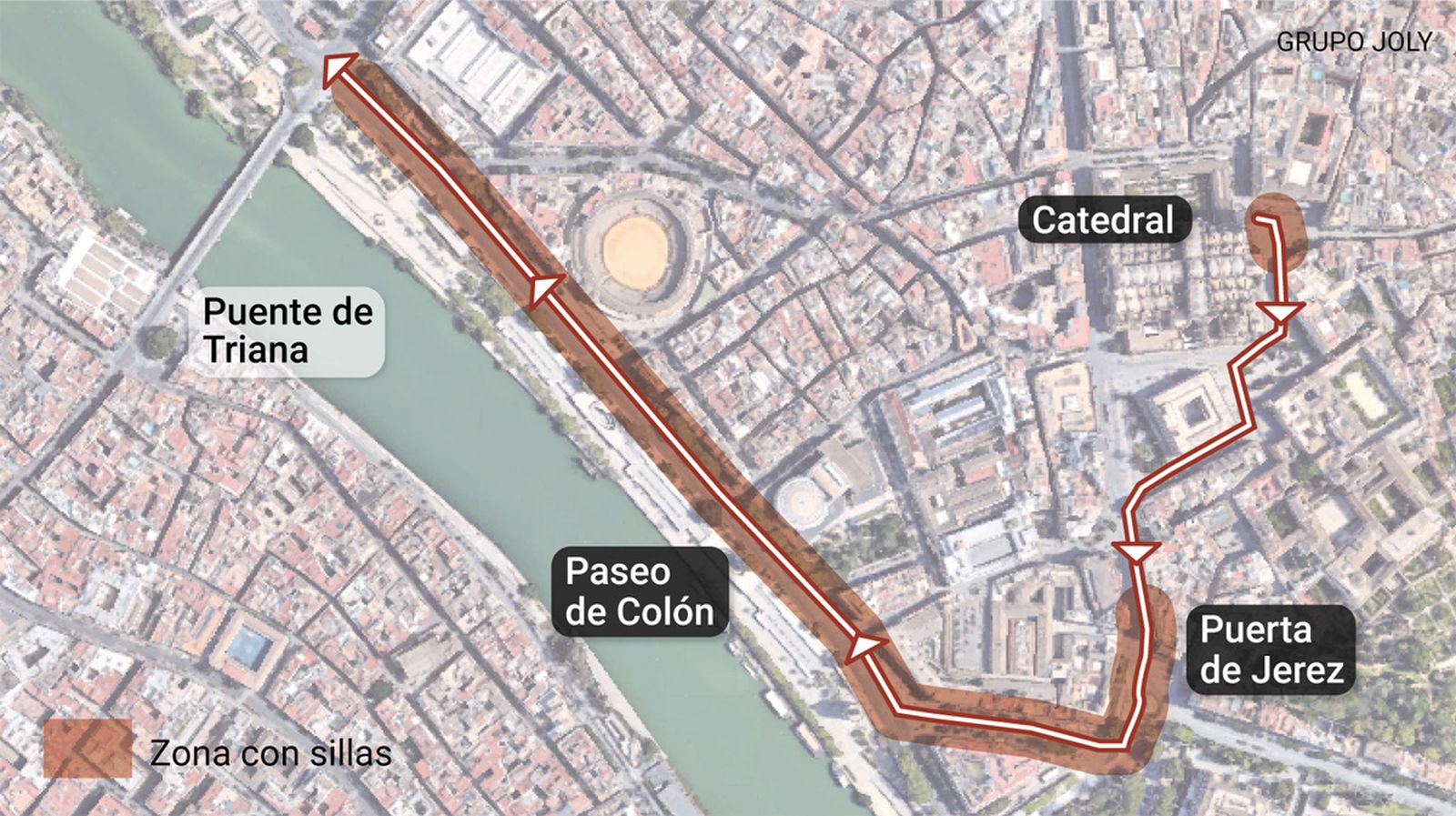 Localización de las zonas con sillas. Fuente: Consejo General de Hermandades y Cofradías de Sevilla.