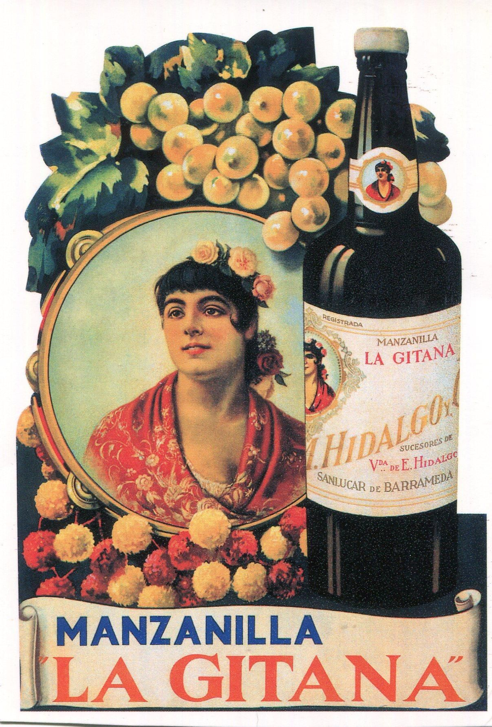 Publicidad de bodegas Hidalgo para su manzanilla La gitana.