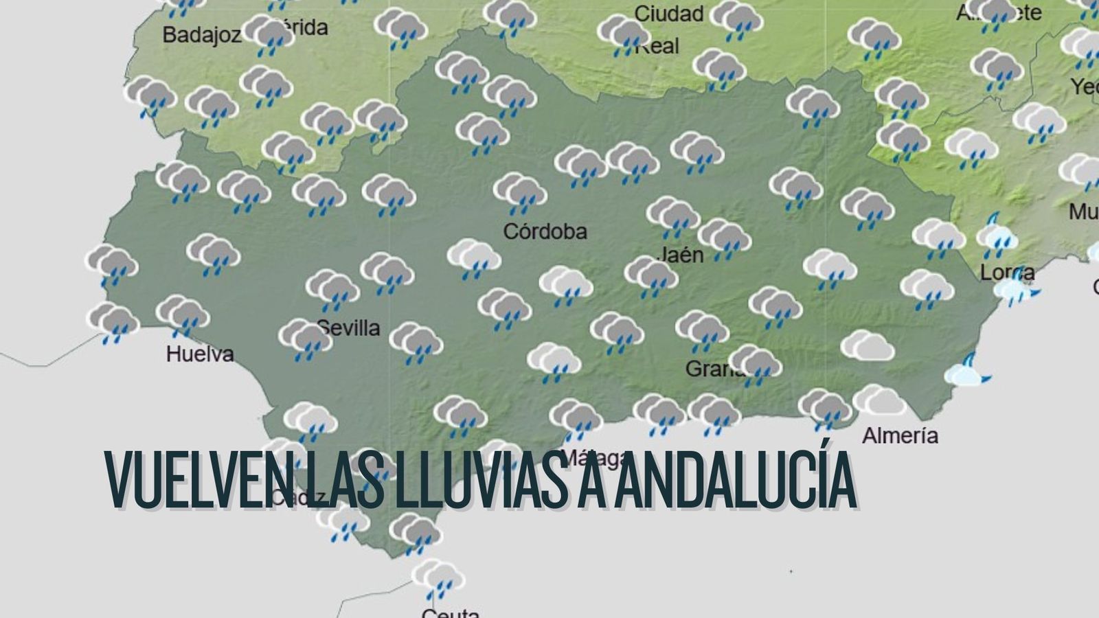 Mapa de previsión meteorológica con lluvias generalizadas en Andalucía a partir del lunes, según los modelos de la AEMET.