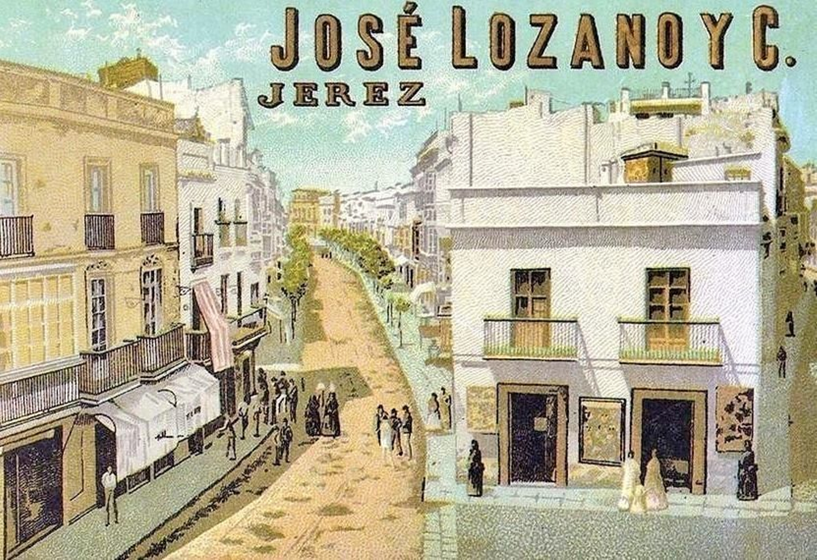 Etiqueta de José Lozano con vista de la calle Larga. Etiqueta de José Lozano con vista de la calle Larga.