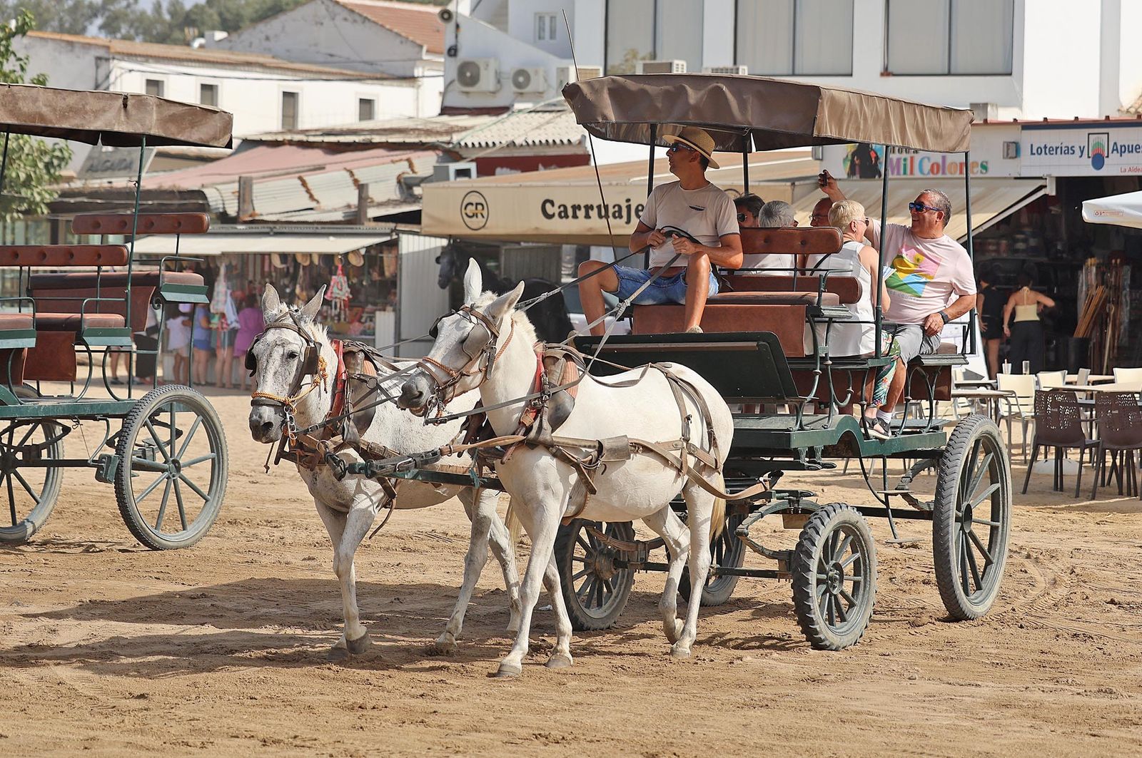 Un carruaje de tracción animal en la aldea almonteña de El Rocío.