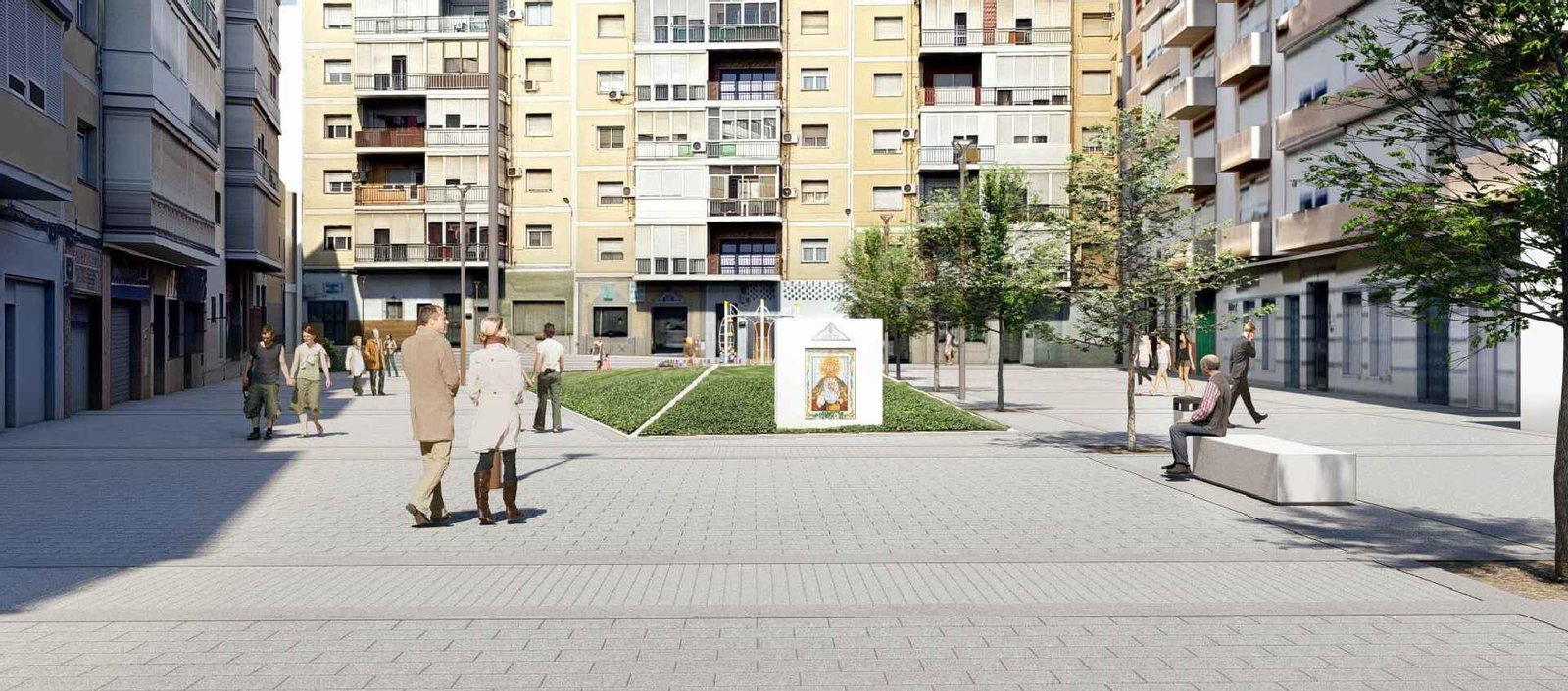 Recreación de cómo será la nueva Plaza de los Dolores, con el azulejo de la Virgen presidiendo el espacio. Recreación de cómo será la nueva Plaza de los Dolores, con el azulejo de la Virgen presidiendo el espacio.