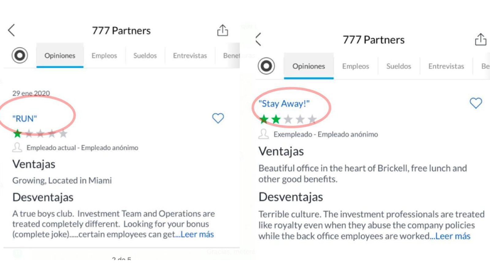 Más opiniones desfavorables de empleados.