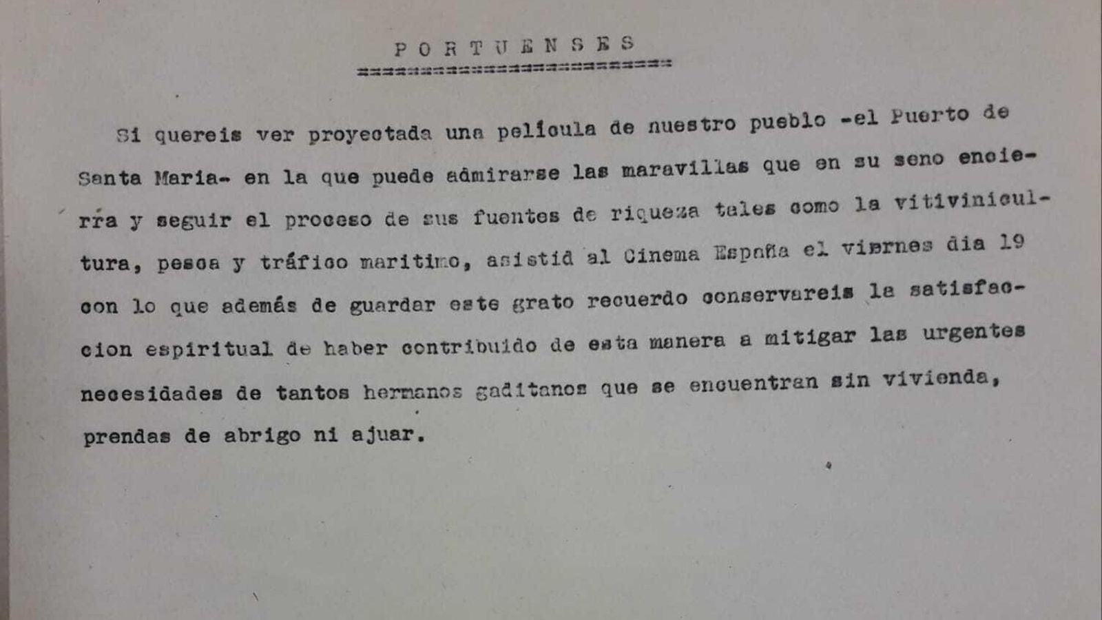 Llamada a los portuesnes para que asistan a una proyección en favor de los gaditanos damnificados por la Explosión de 1947.