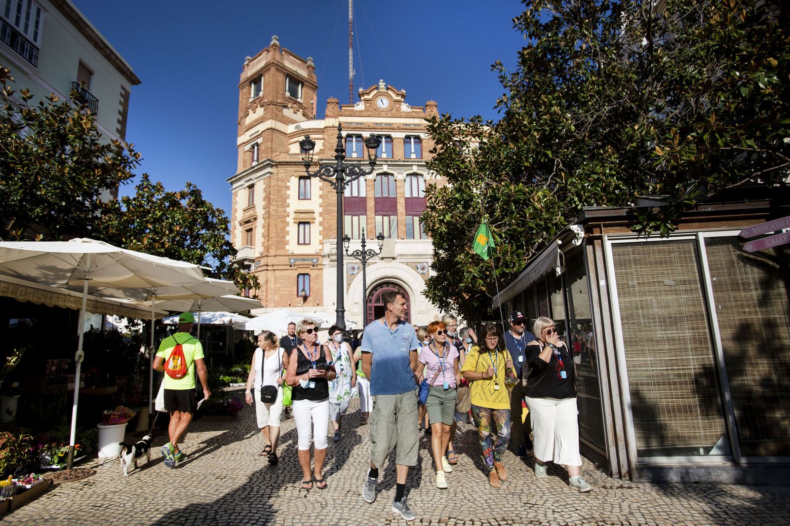 Un grupo de turistas transita por la plaza de las Flores de Cádiz.