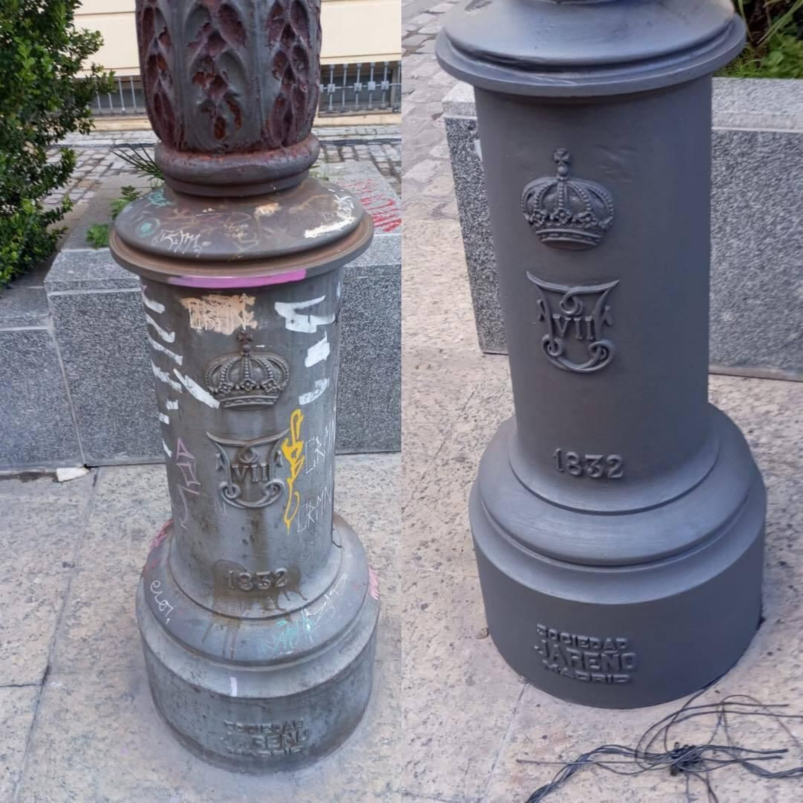 Antes y después del repintado de una farola en el centro.