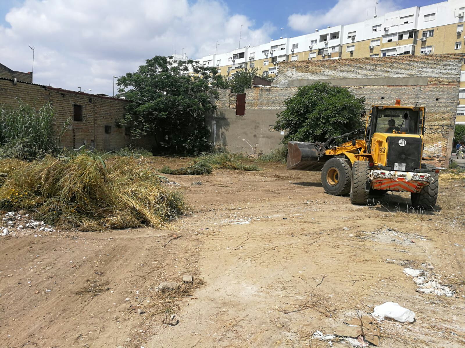Desbroce y limpieza de uno de los solares de la barriada Jesús, María y José, en junio pasado, por parte del Ayuntamiento.