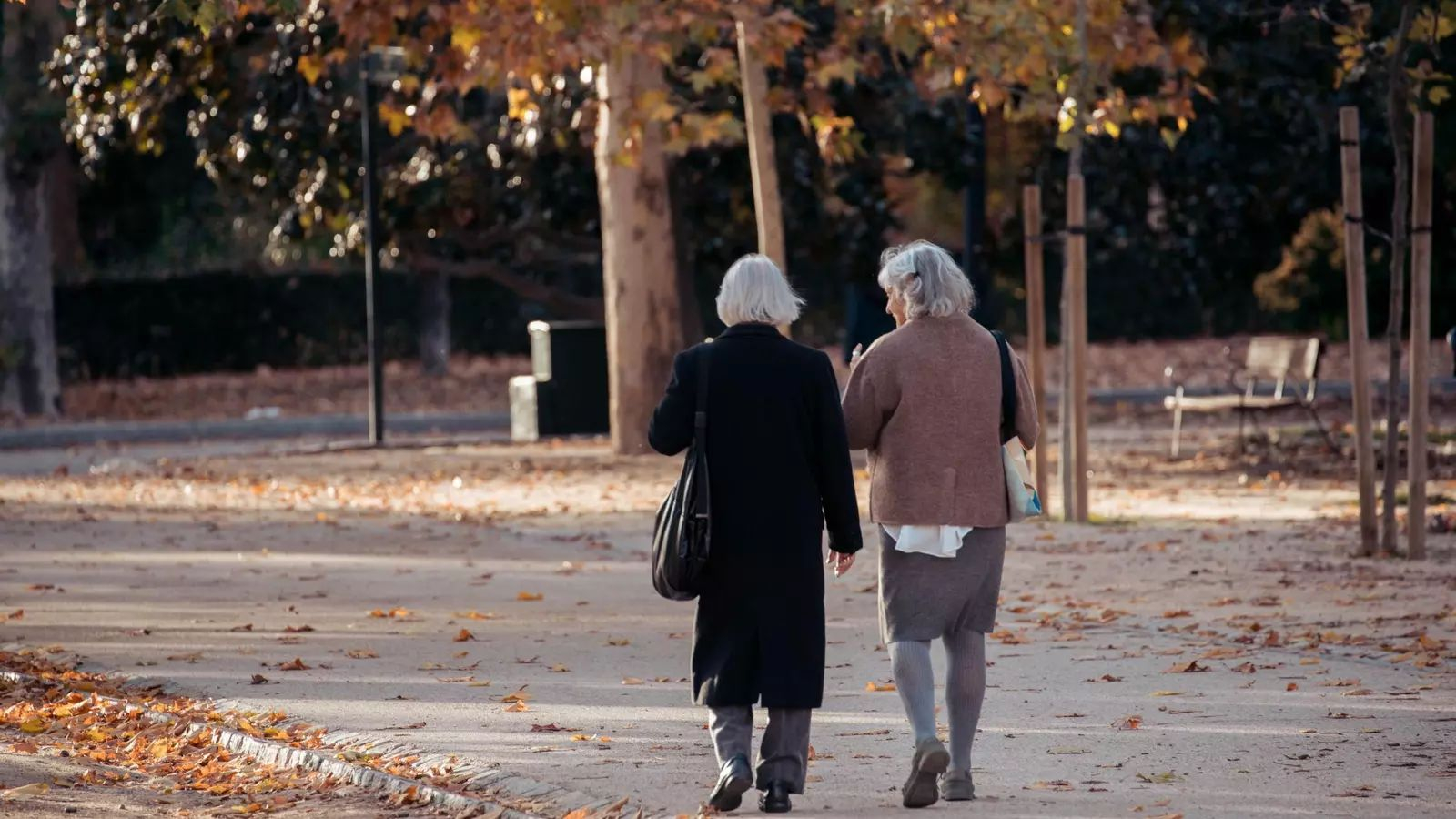 Dos personas mayores paseando por un parque