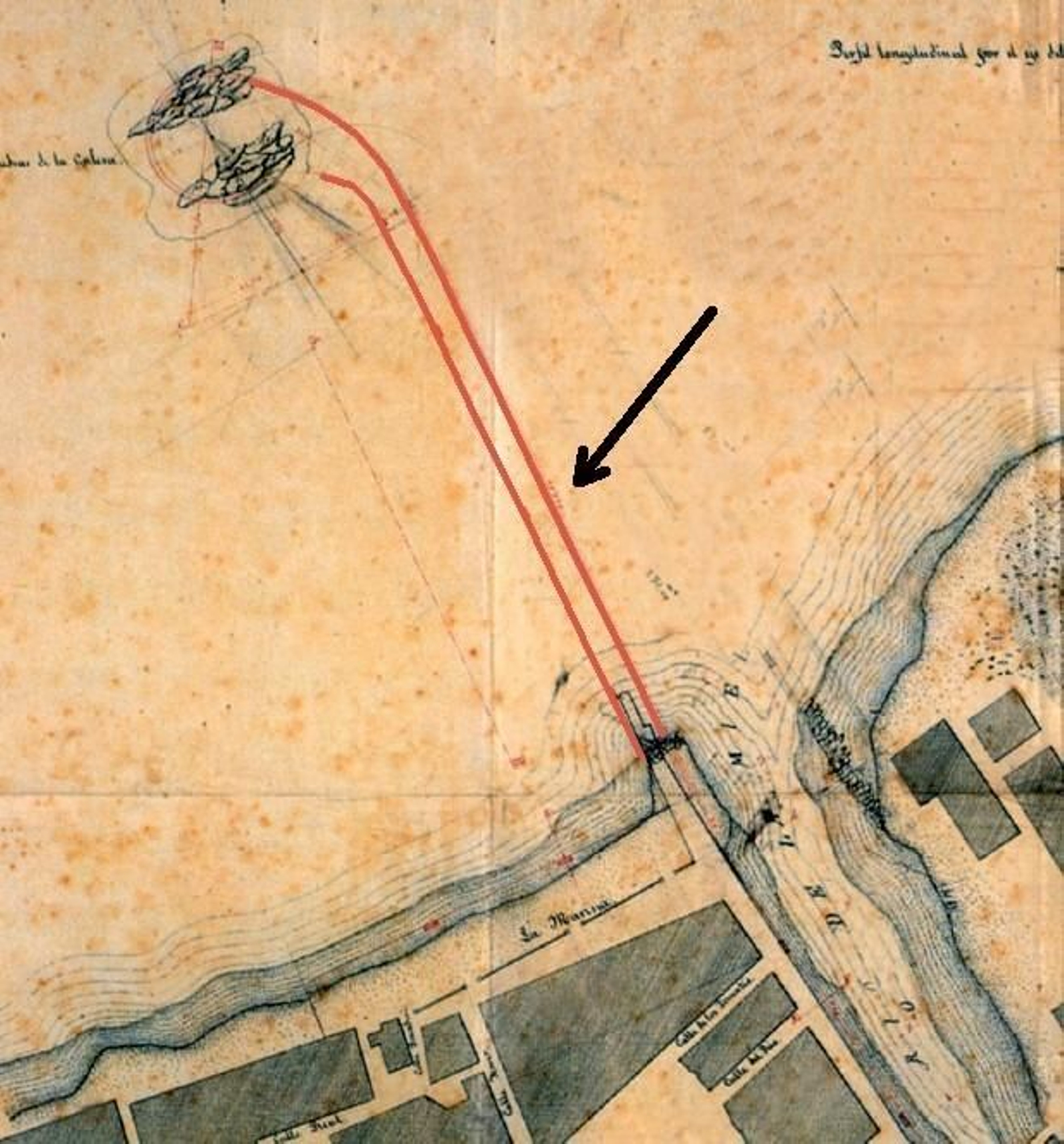 Parte del Plano del Proyecto de Luis de la Orden de 1887. Este ingeniero ya se decantaba por un muelle (luego llamado de la Galera) que se inicia en la margen izquierda del río.