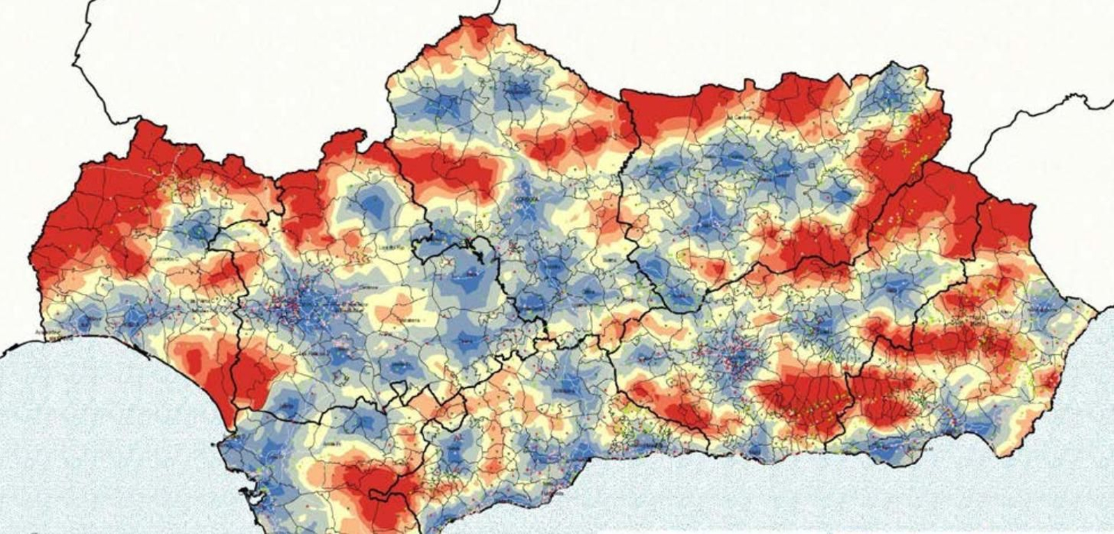 Mapa con los municipios con dificultad para acceder a servicios sanitarios y educativos.