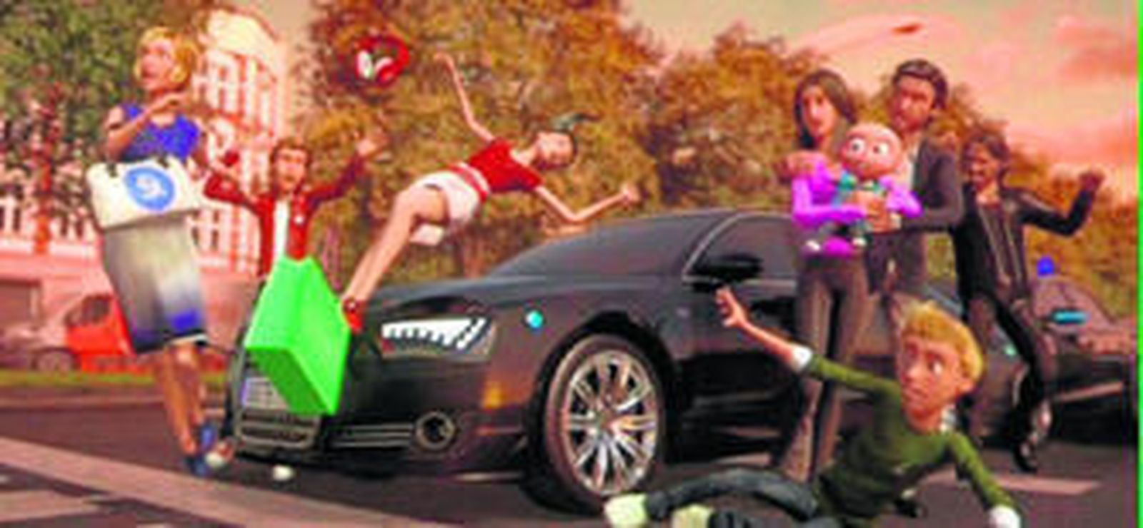 Captura del vídeo informativo de Mediaset en el que se produce el 'atropello mortal' de los personajes que encarnan las cadenas La Siete y Nueve.