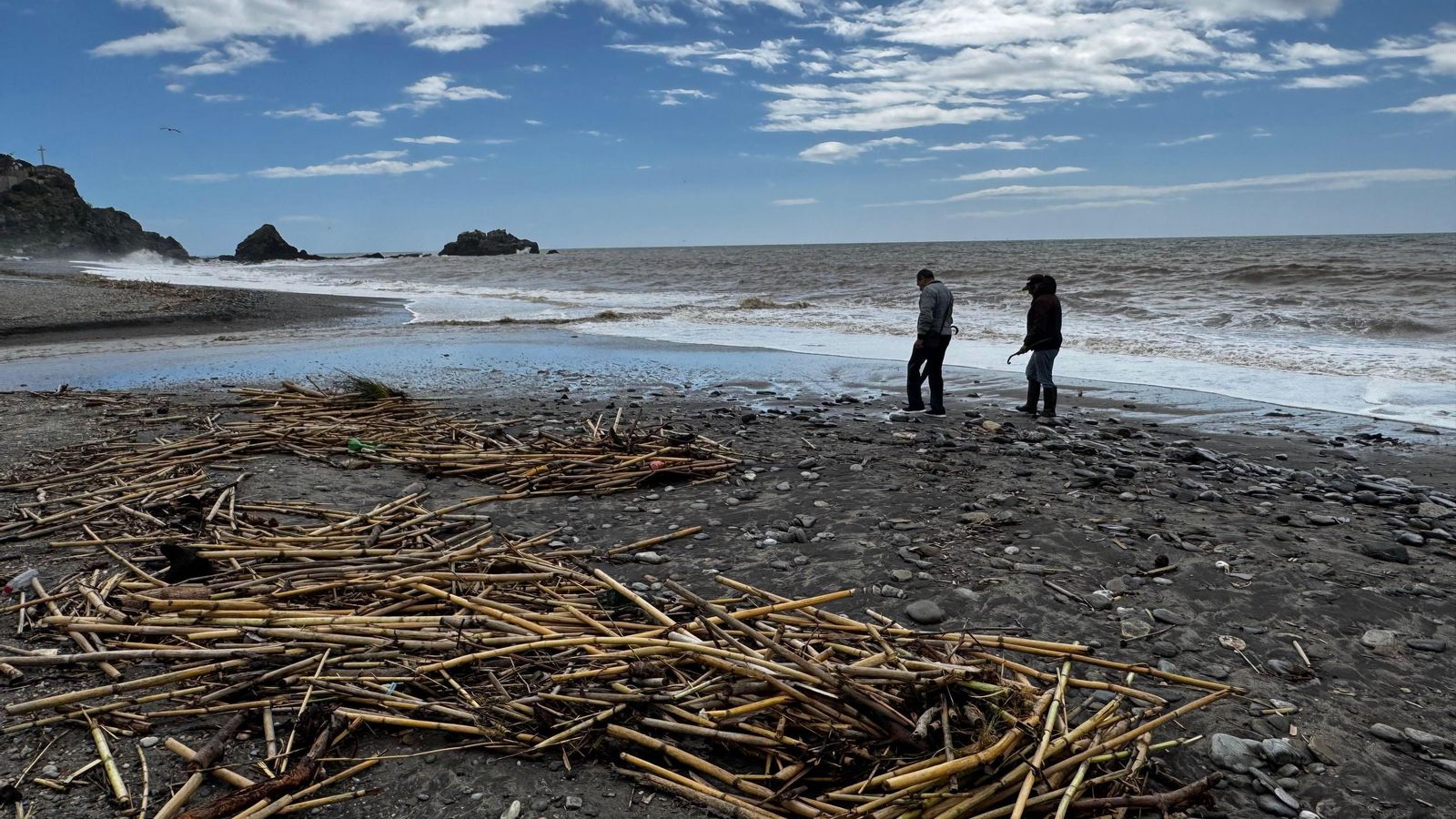 Dos personas pasean por la orilla de la playa de Almuñécar donde el temporal ha dejado multitud de cañas