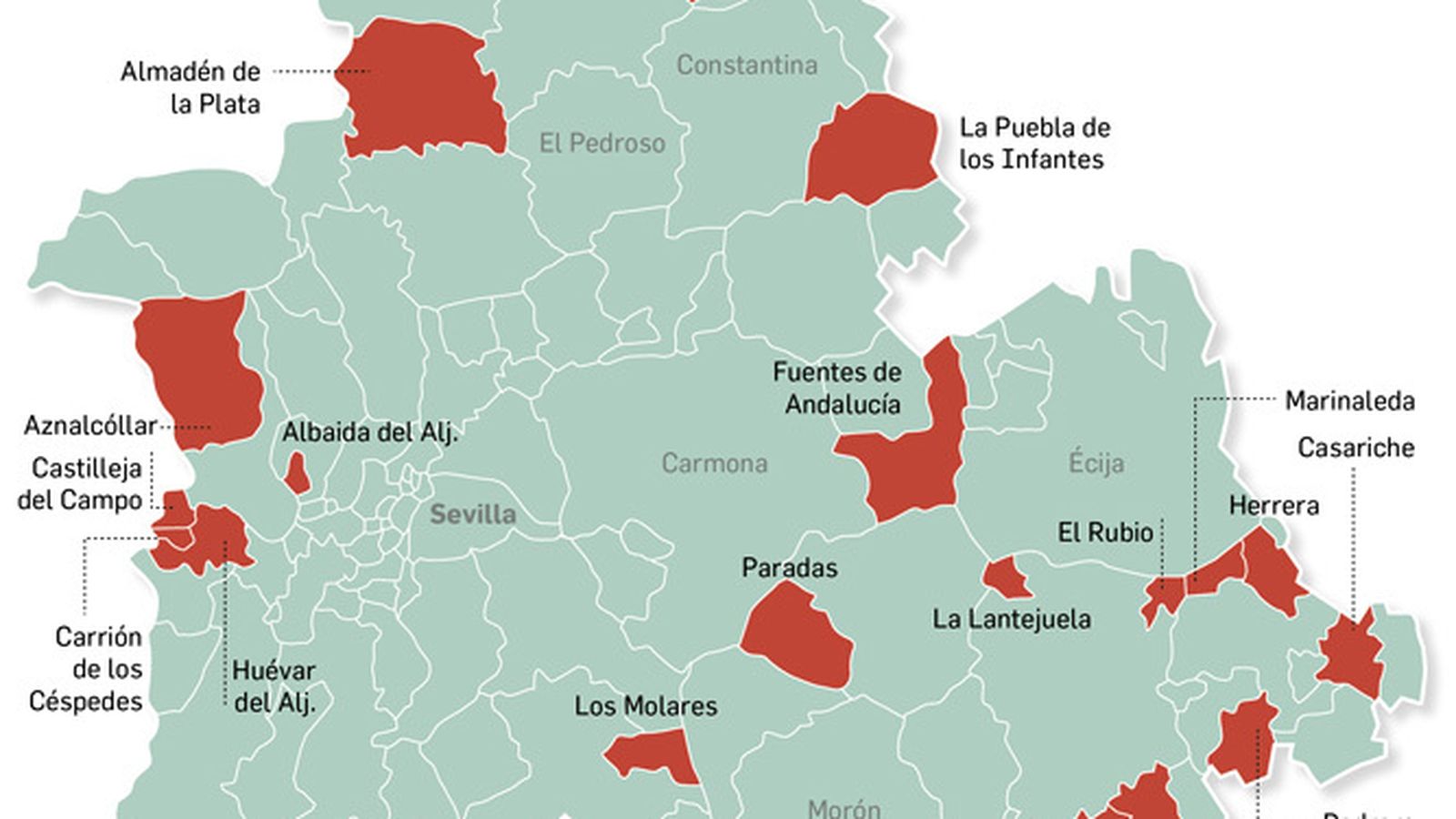 Evolución del paro por municipios en el último año. Fuente: Subdelegación de Gobierno de Sevilla.