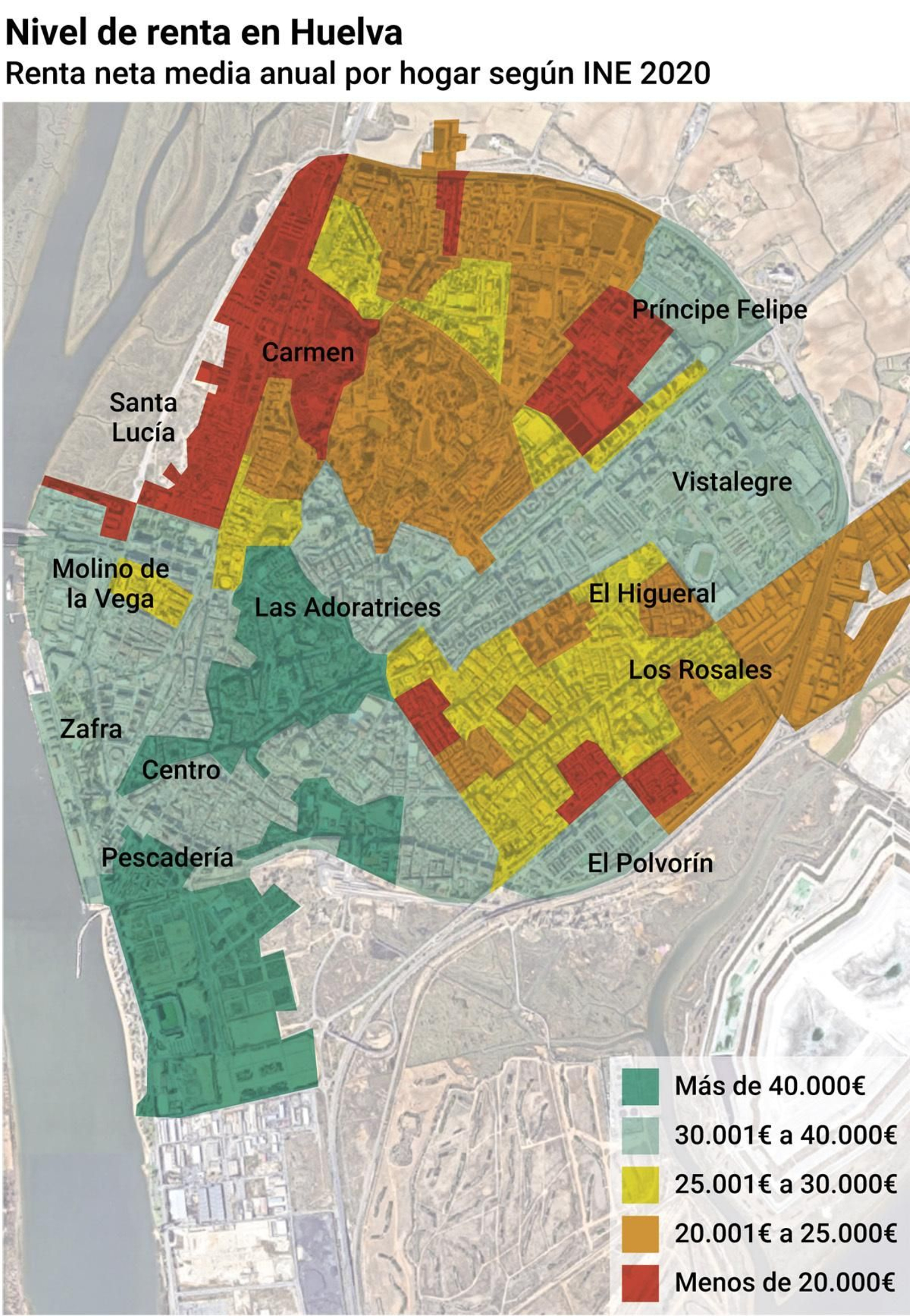 Nivel de renta en Huelva. Mapa.