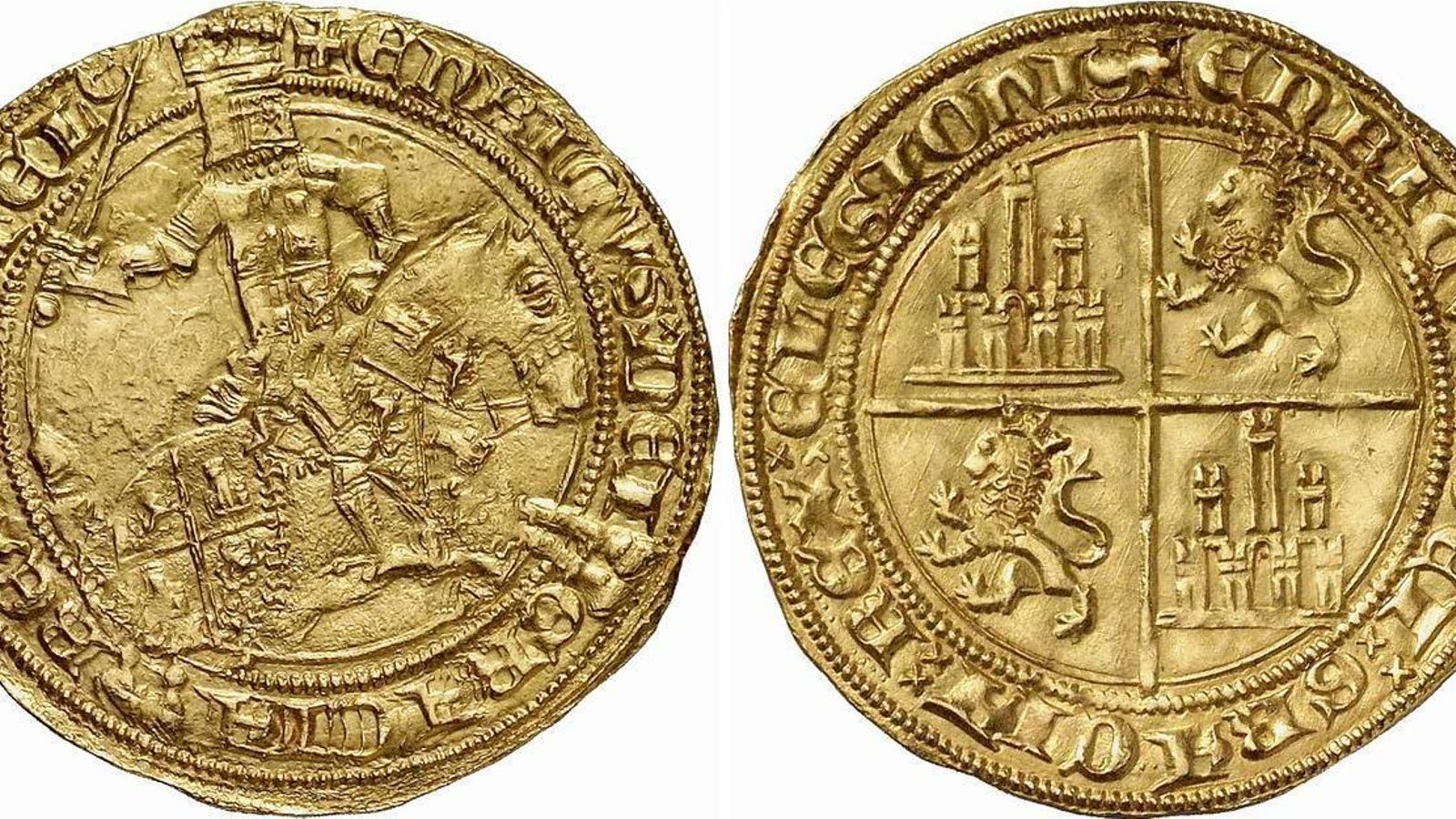 Moneda de oro de Enrique II “El de las Mercedes”, rey de Castilla tras asesinar personalmente a su hermano Pedro I “El Cruel”.