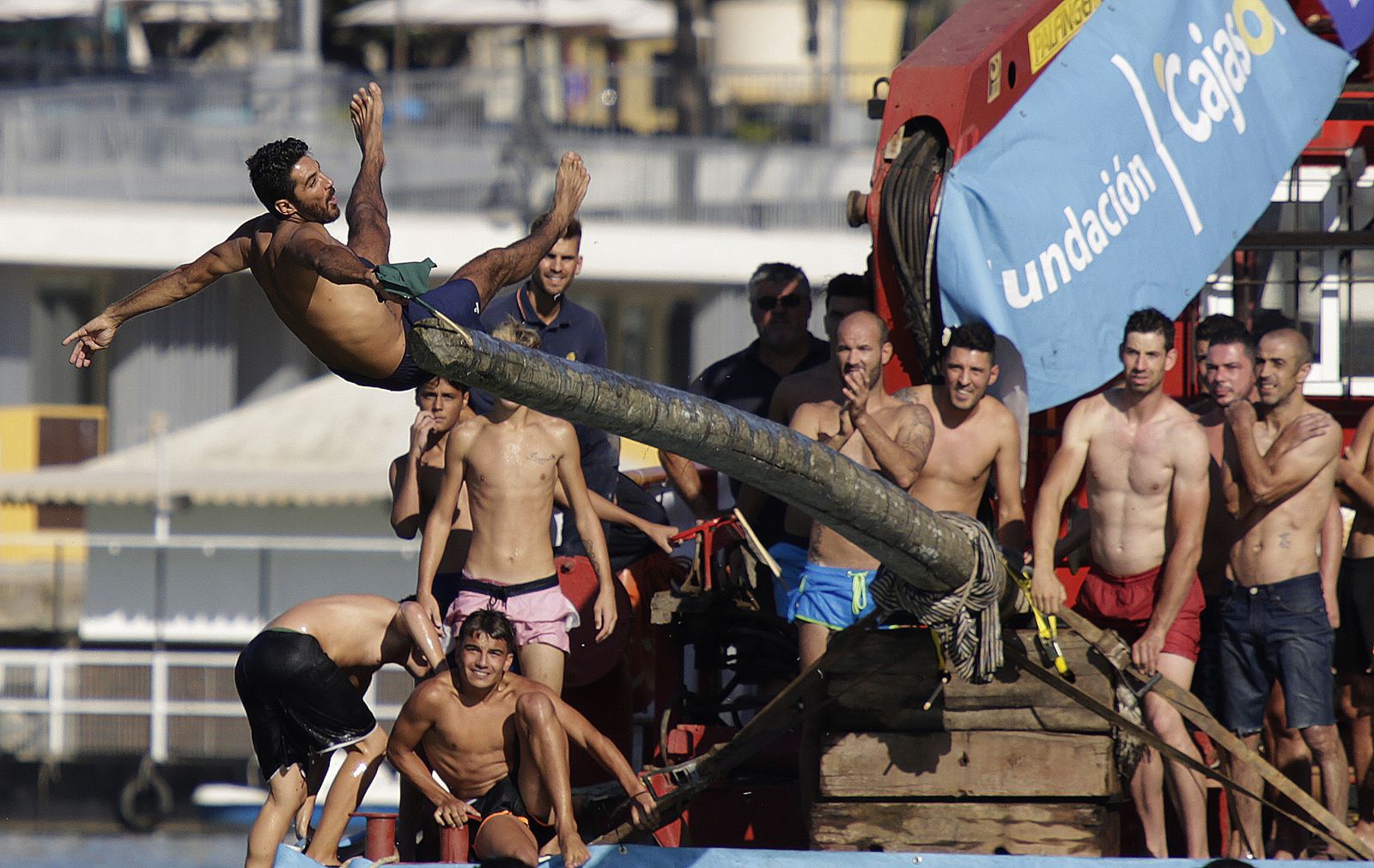 La cucaña de la Velá de Triana, en imágenes