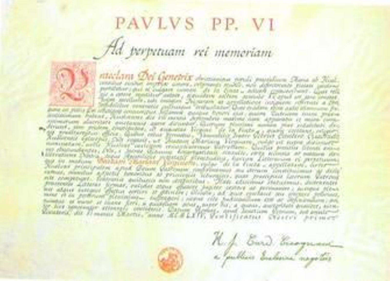 El Papa Pablo VI, acompañado por el obispo de Huelva, Pedro Cantero Cuadrado, en el Vaticano. Pablo VI fue el artífice de la bula por la que se proclama patrona celestial y principal de la ciudad de Huelva a Nuestra Señora de la Cinta, en un reconocimiento a más de cinco siglos de devoción, en los que los onubenses la invocaban como Patrona, siendo además abogada de los marineros que mantuvieron viva la llama cintera.