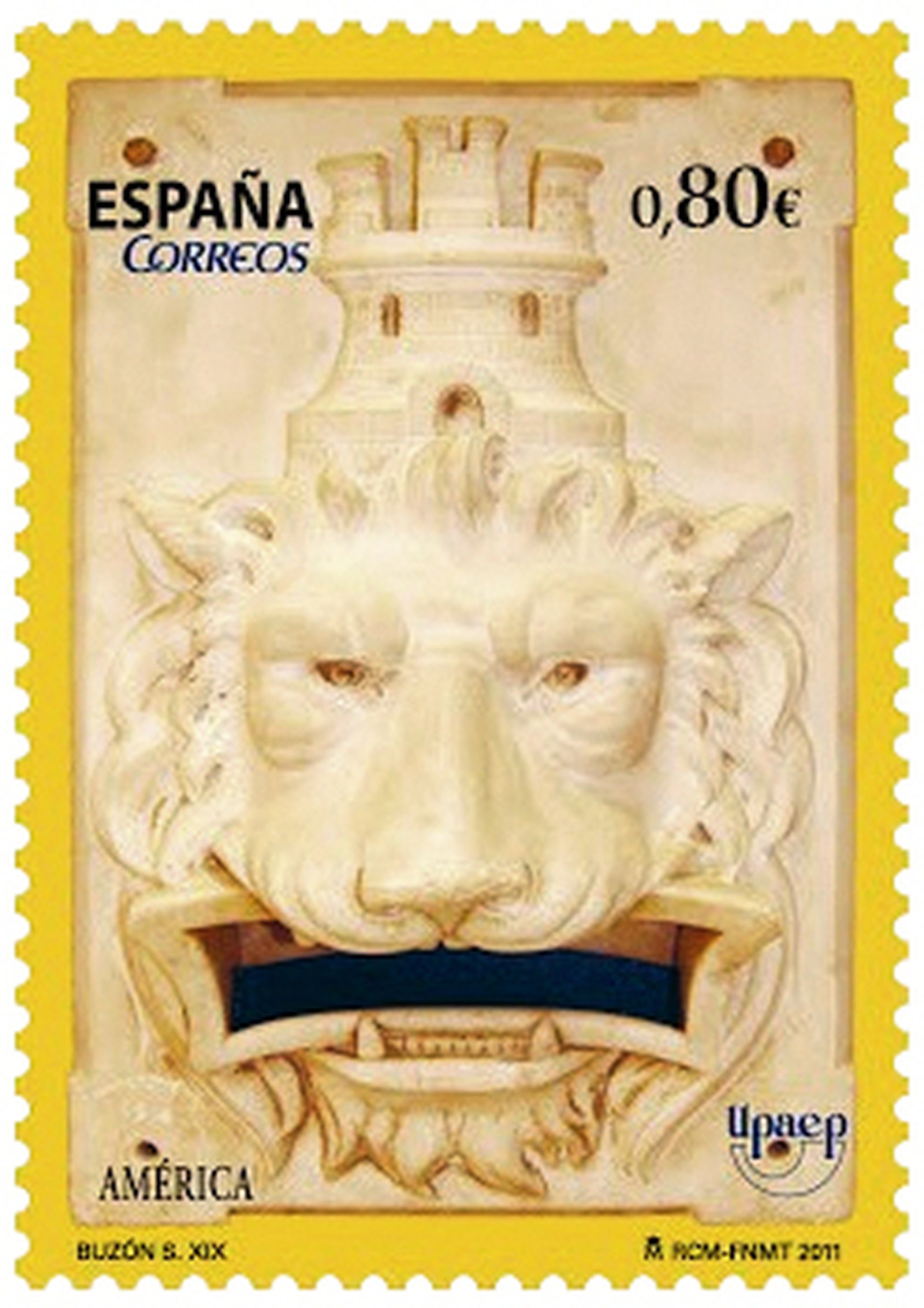 Sello que se realiza dentro de la serie América UPAEP y el motivo es un buzón con la cabeza de león