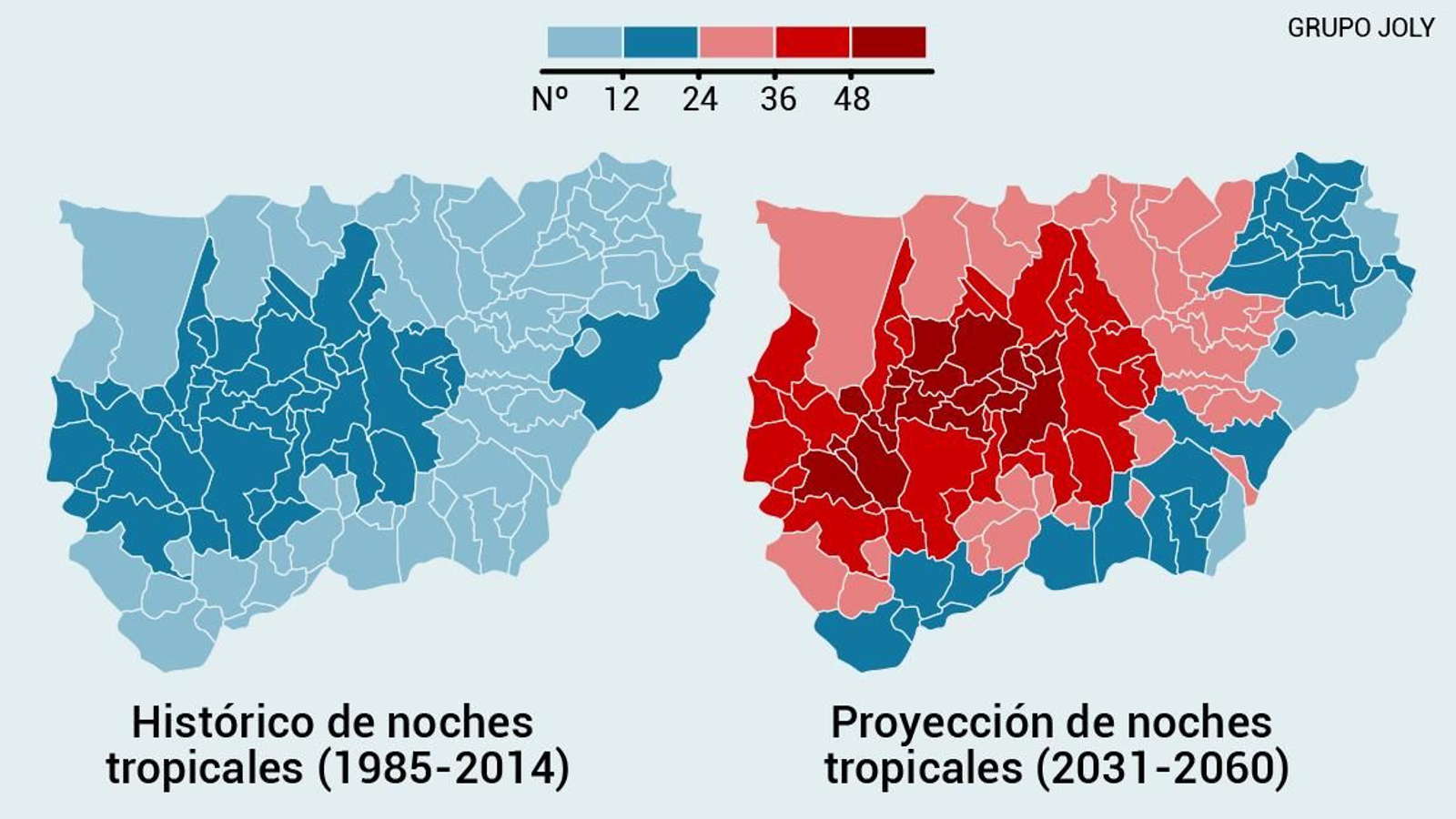 Proyección del número de noches tropicales en Jaén. Fuente: Mapa del Clima de la Junta de Andalucía