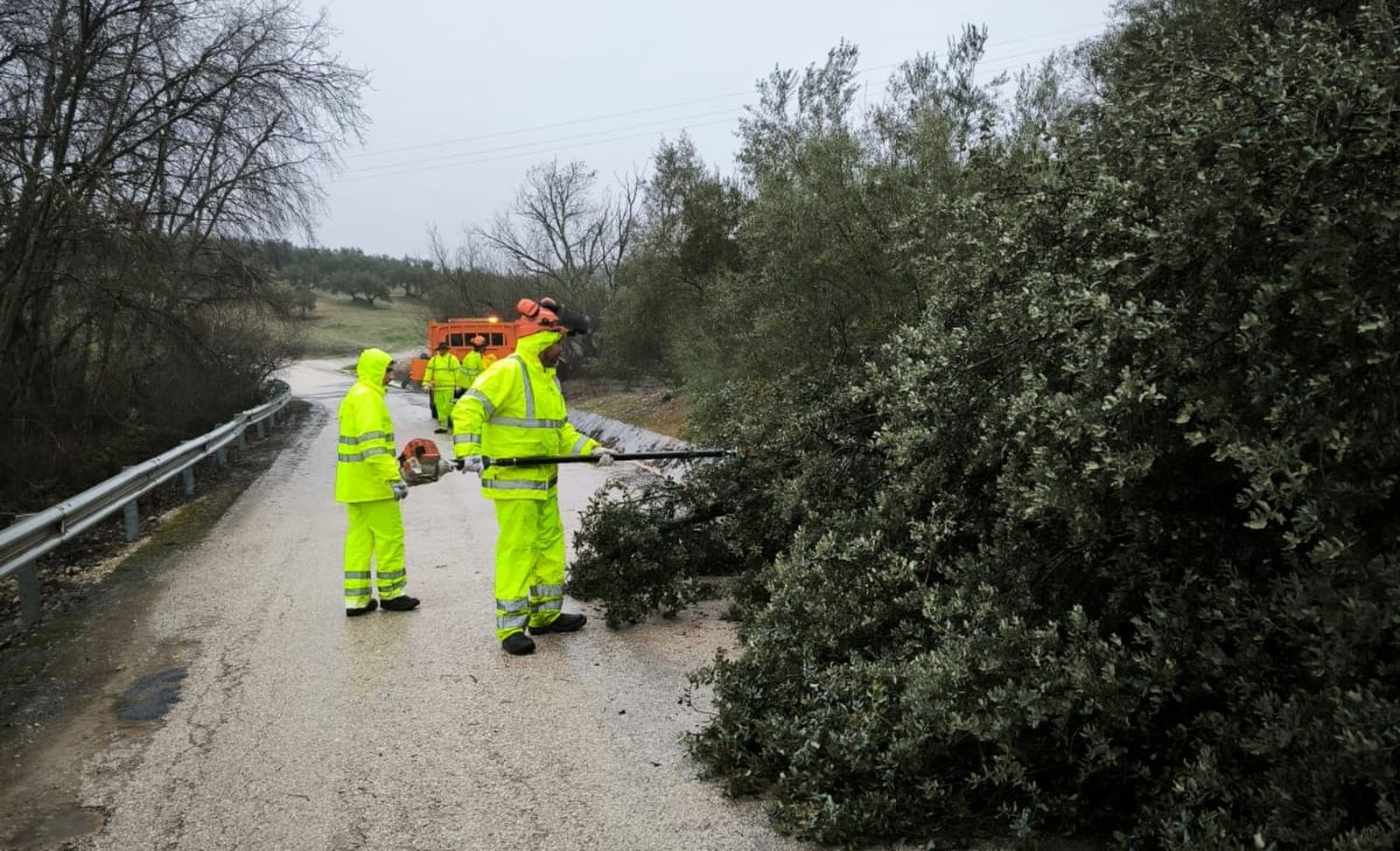 Operarios trabajando en una carretera provincial.