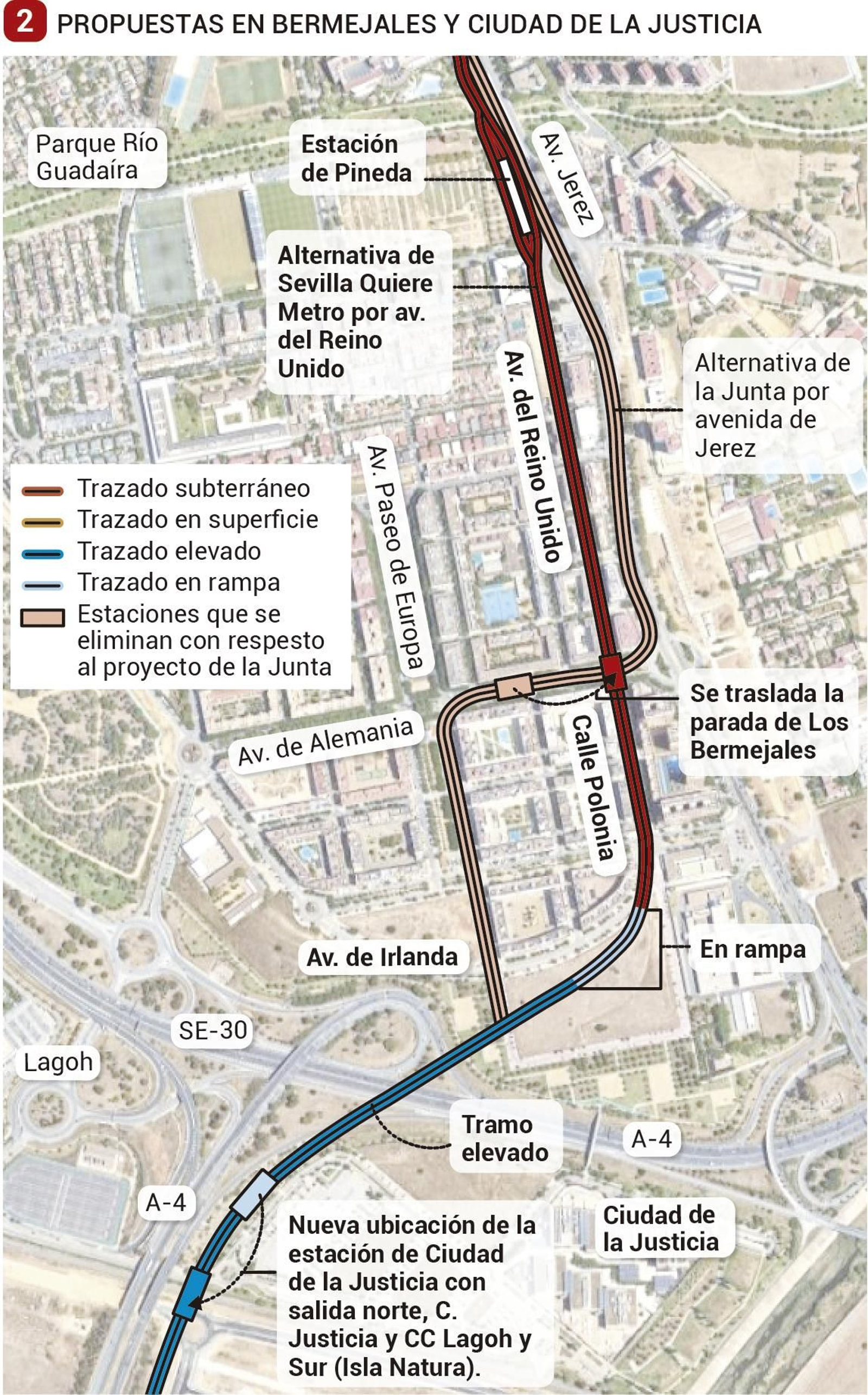 Propuestas de trazado en Los Bermejales y Ciudad de la Justicia