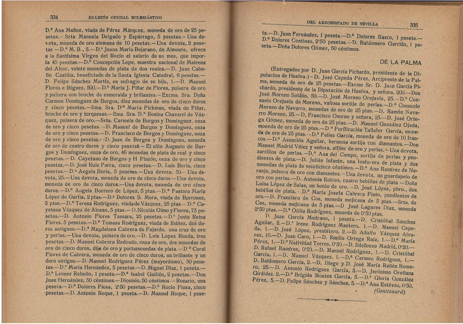 listas de donativos para corona de la Virgen del Rocío de 1919