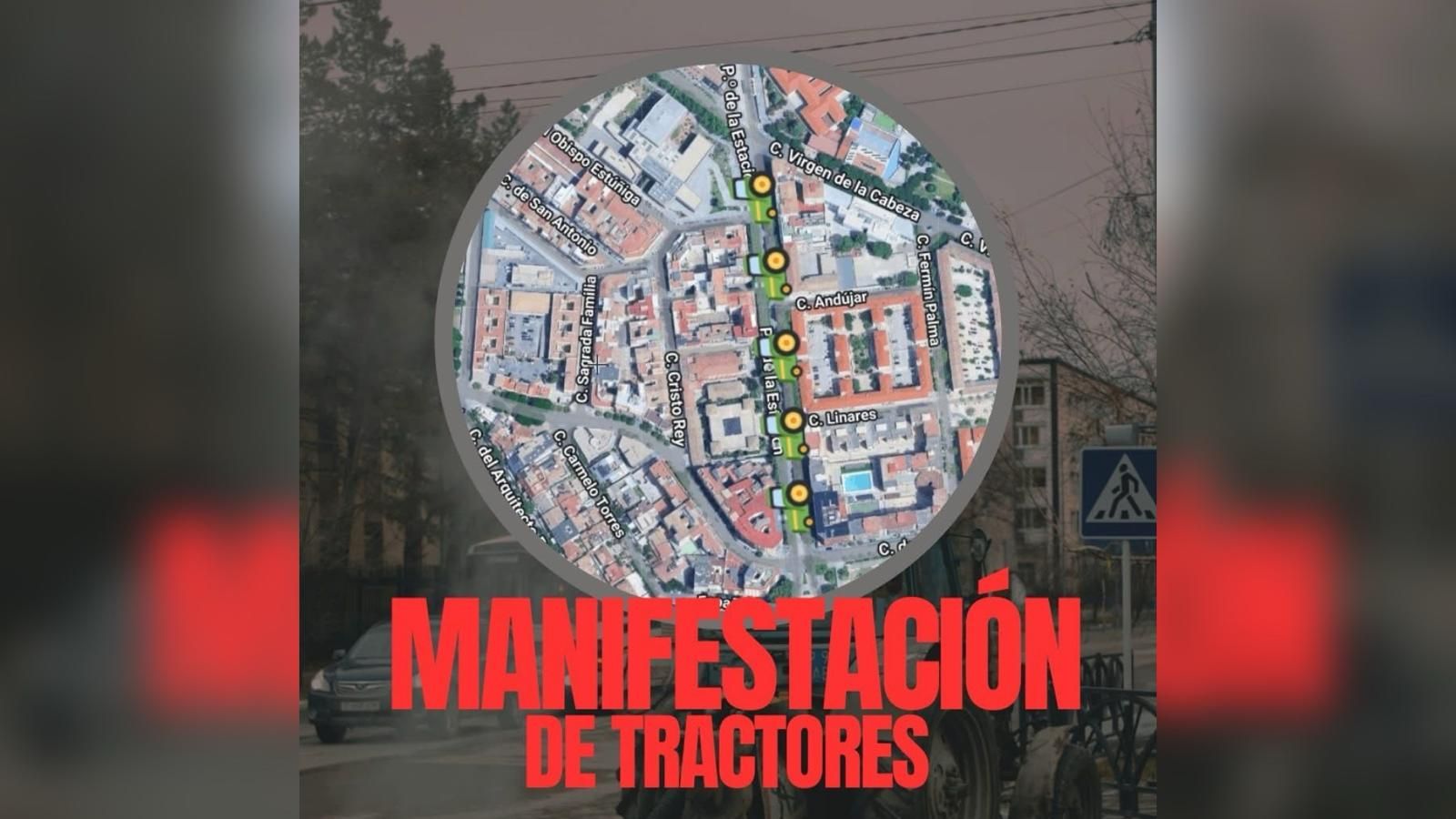 Mapa de parte del recorrido de la manifestación de agricultores en Jaén.