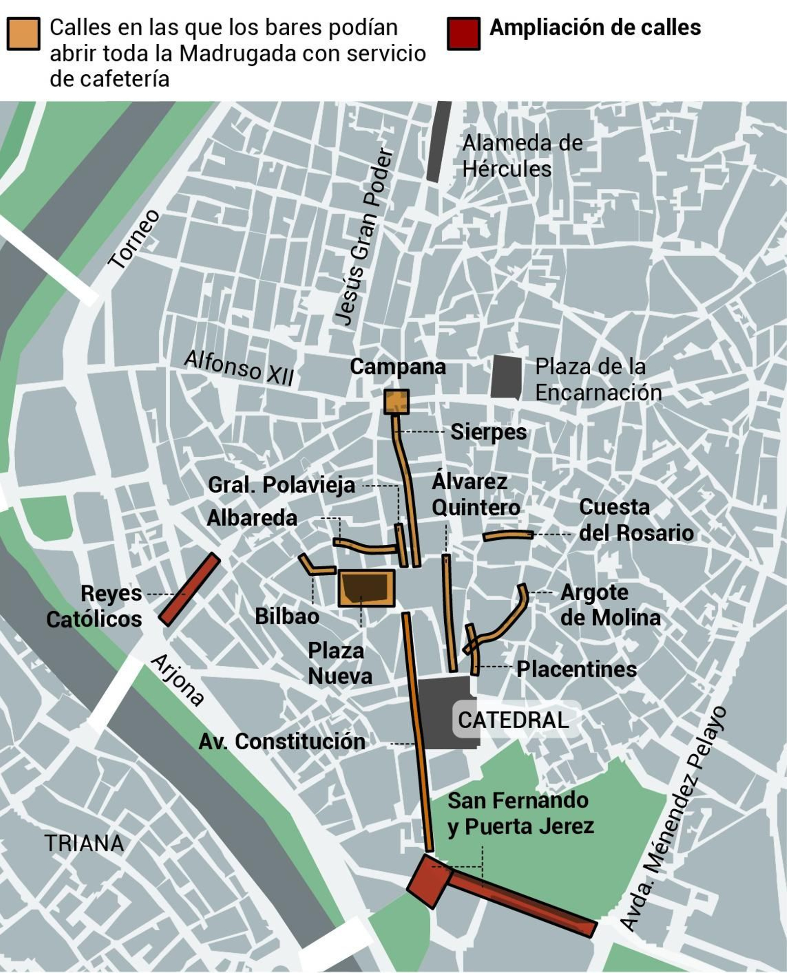 Calles con bares abiertos toda la Madrugada con servicio de cafetería. Fuente: Ayto. Sevilla