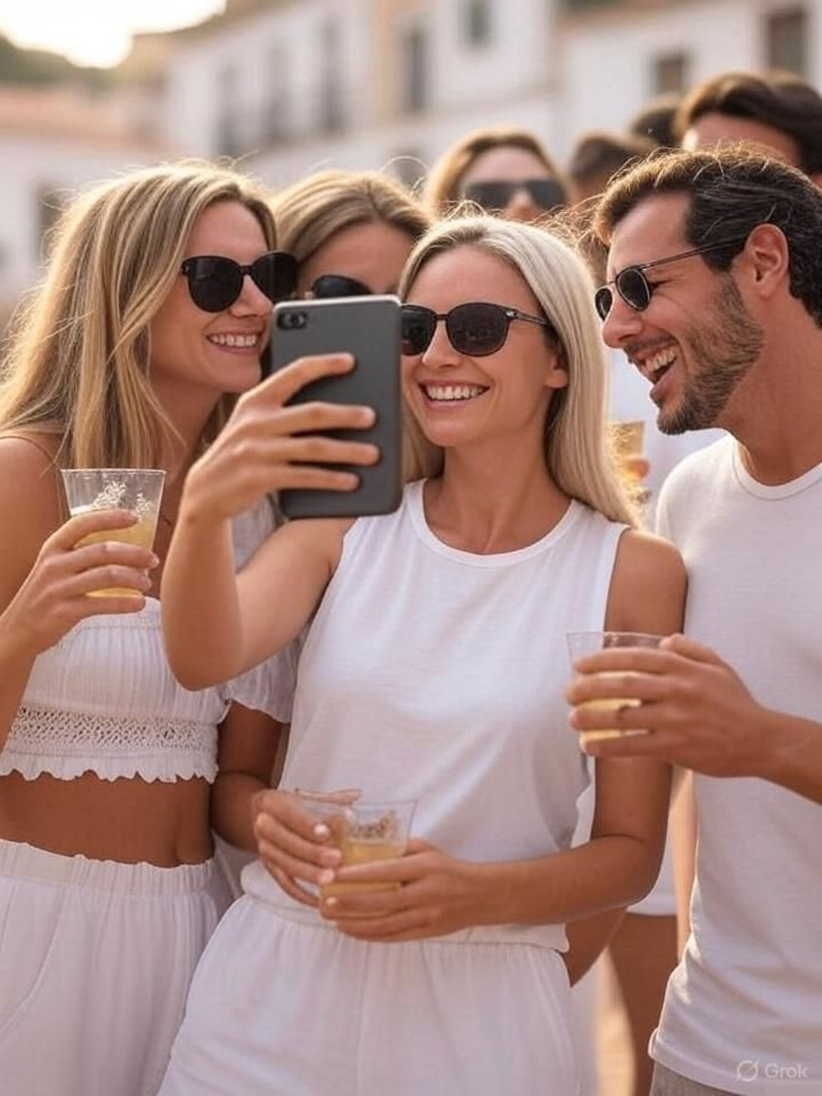 Una pandilla de copas en un pueblo tomándose un selfie