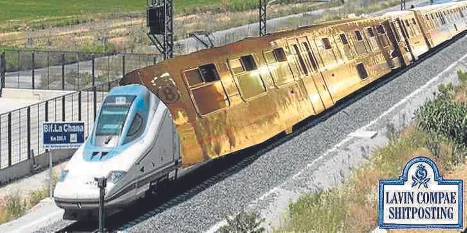 Meme sobre el precio del AVE con un tren chapado en oro.