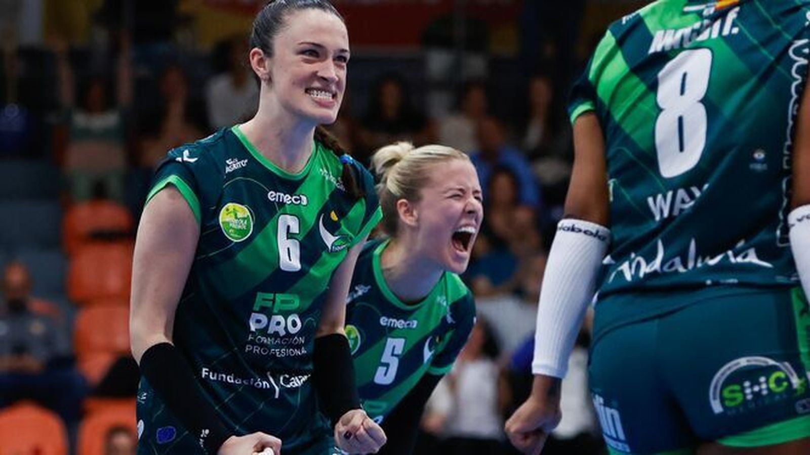 Las jugadoras del FP Pro Voley Cajasol celebran un punto.