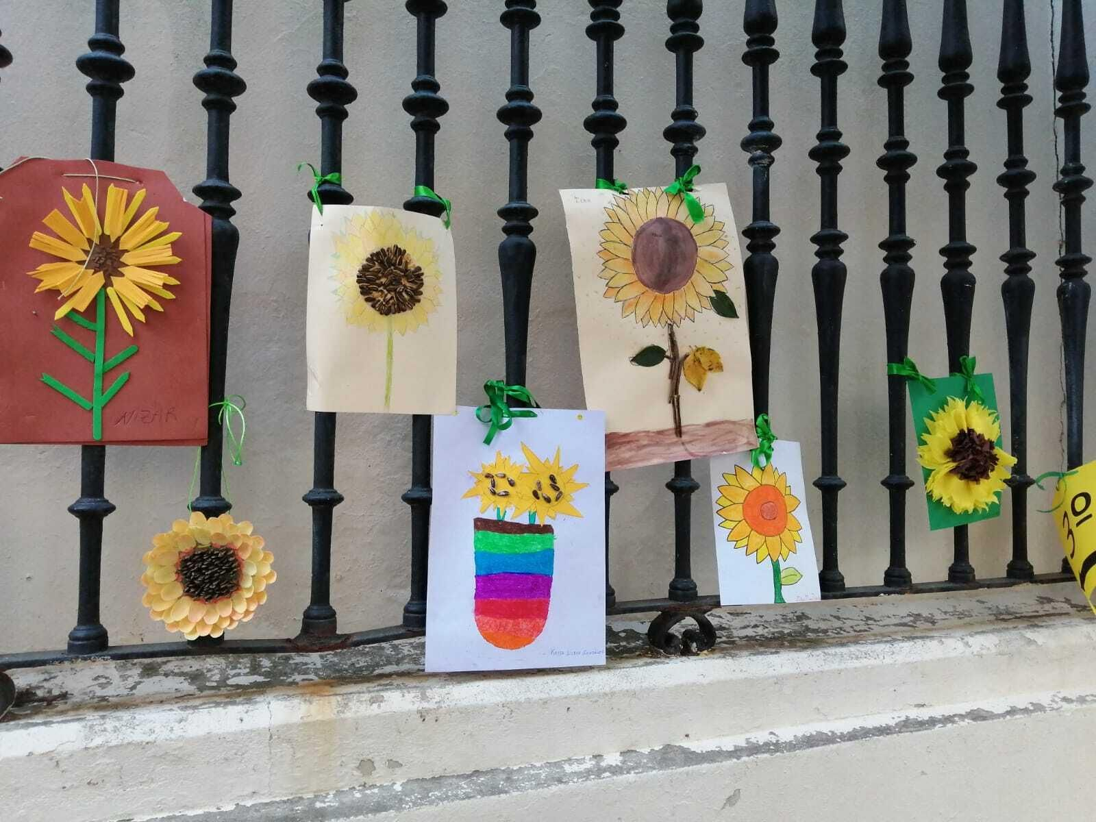 Los girasoles colocados este lunes en el colegio San Rafael de Cádiz.