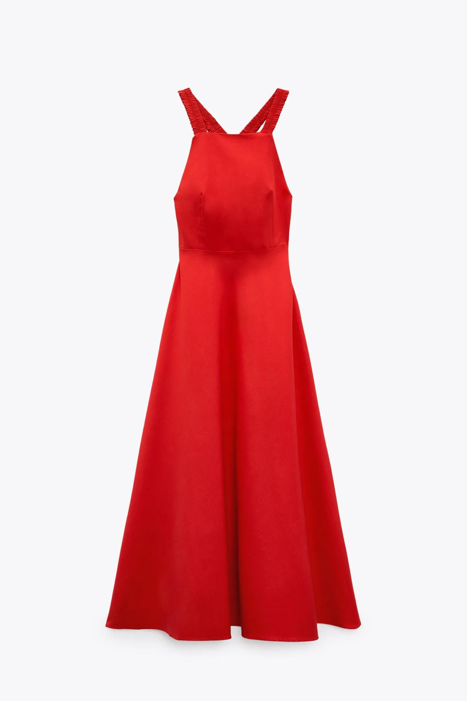 Vestido rojo midi y de lino de Zara. Vestido rojo midi y de lino de Zara.