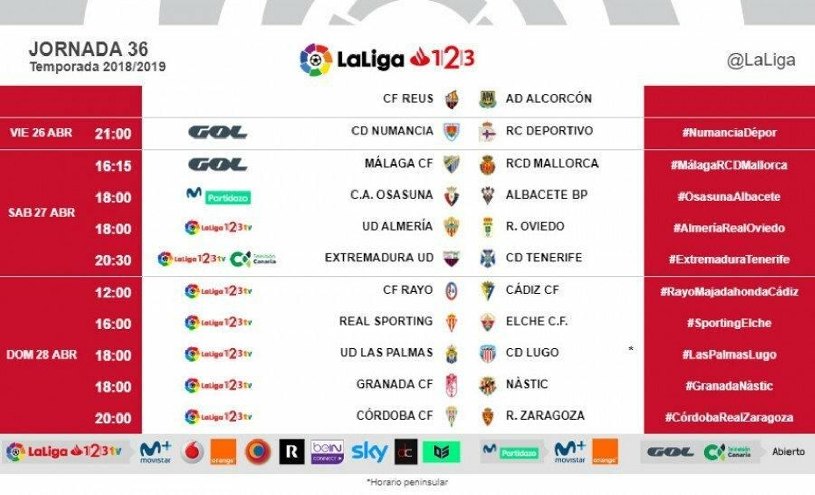 Horarios de la jornada 36 de la Liga 1|2|3.