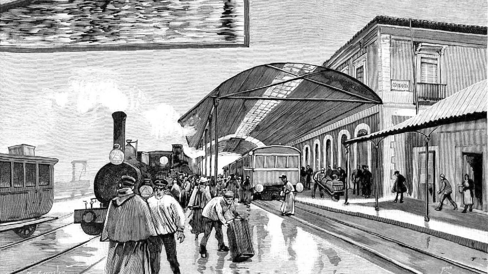 Ilustración de la llegada de un tren proceente de Madrid en 1892.