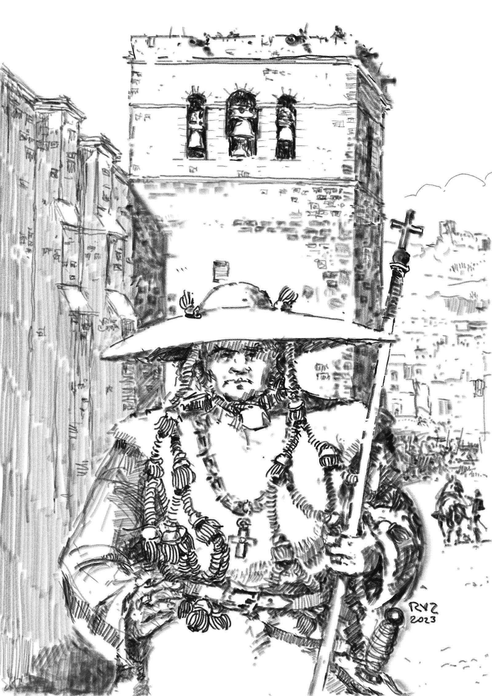 Ilustración de un obispo paseando por el centro de Almería