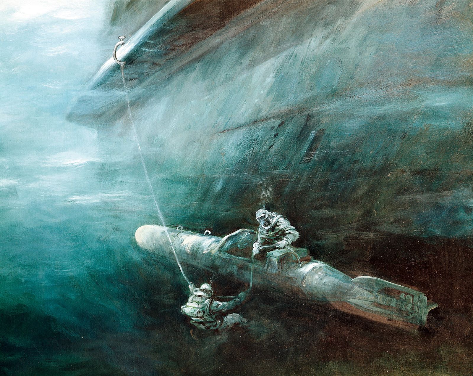 'Los medios de asalto italiano efectuando una operación submarina', obra del pintor austríaco Rudolf Claudus.