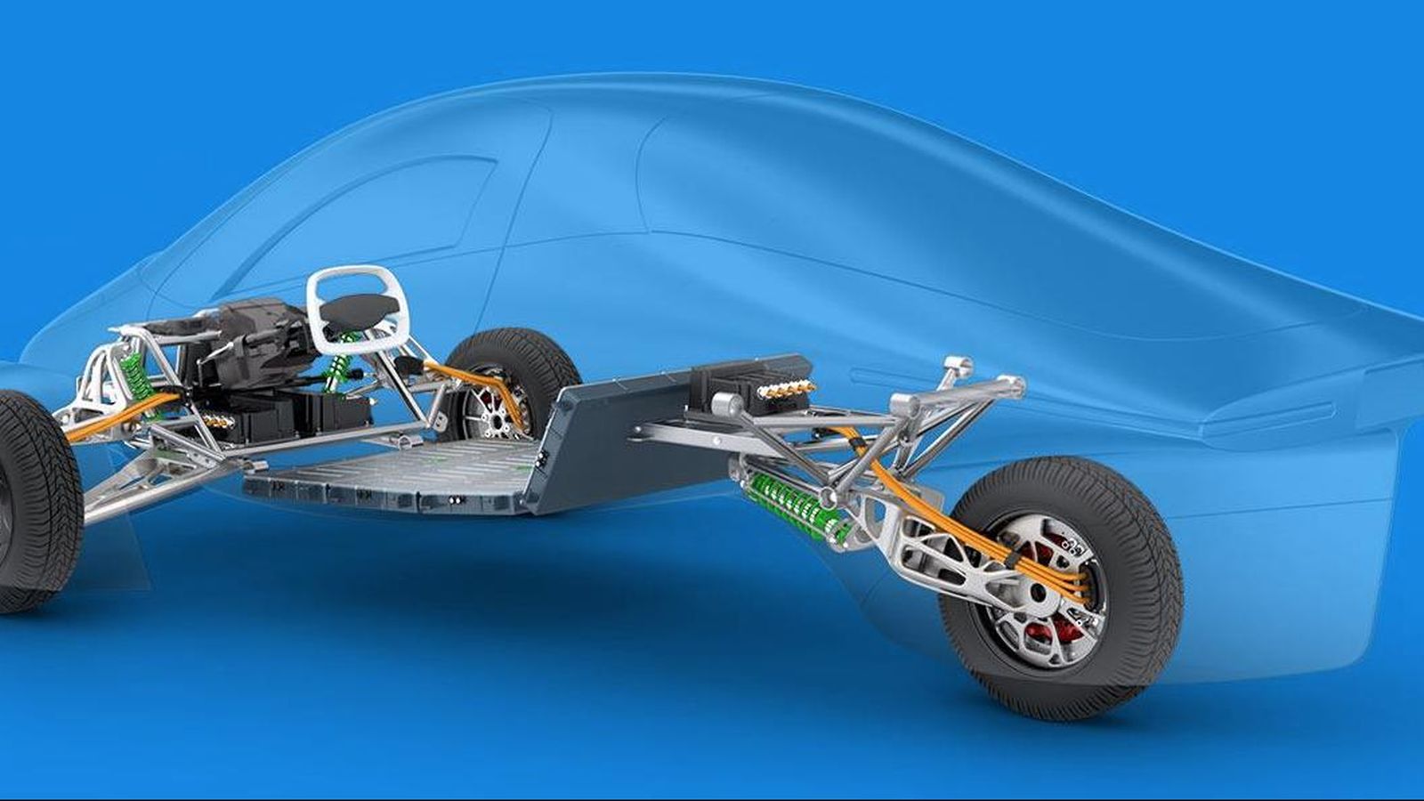 Las baterías se situarán por debajo y detrás de los asientos. El chasis ha sido puesto a punto por Prodrive.