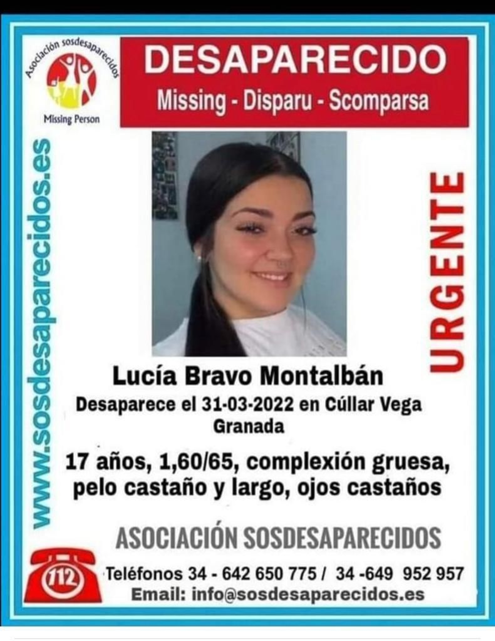 Imagen que alerta de la desaparición de la adolescente de 17 años en Cúllar Vega