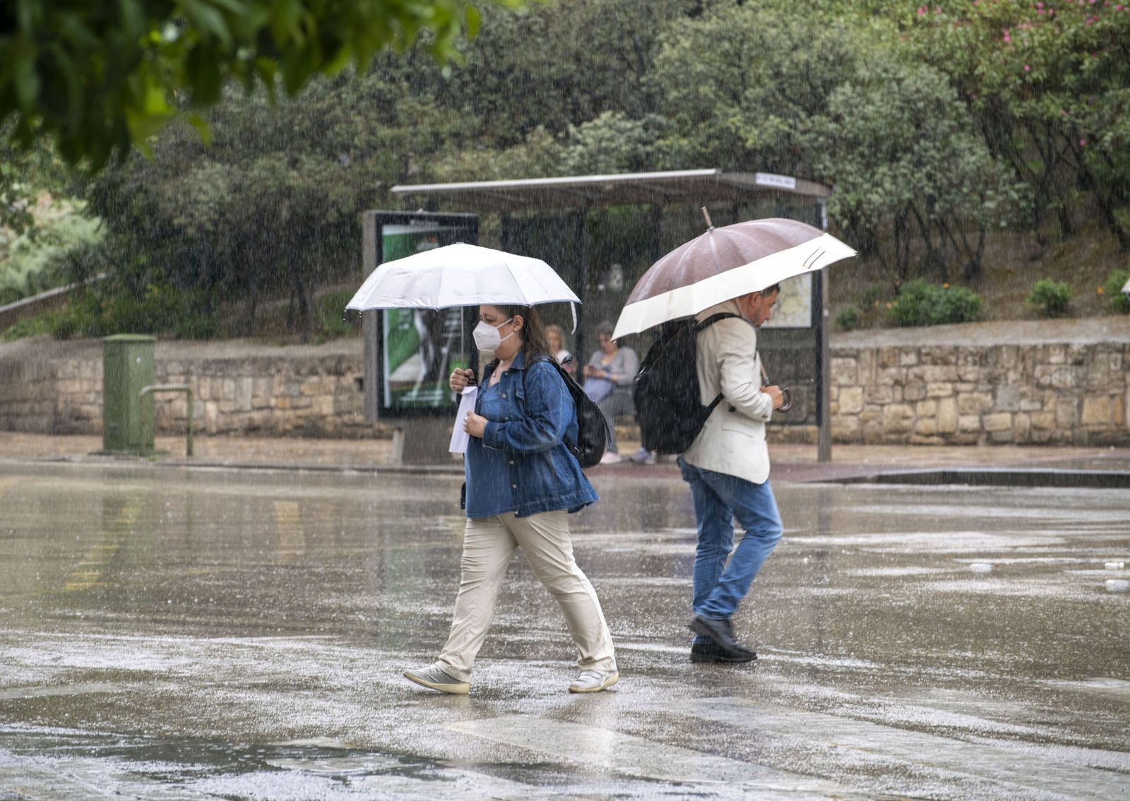 Dos personas con paraguas en Jaén.
