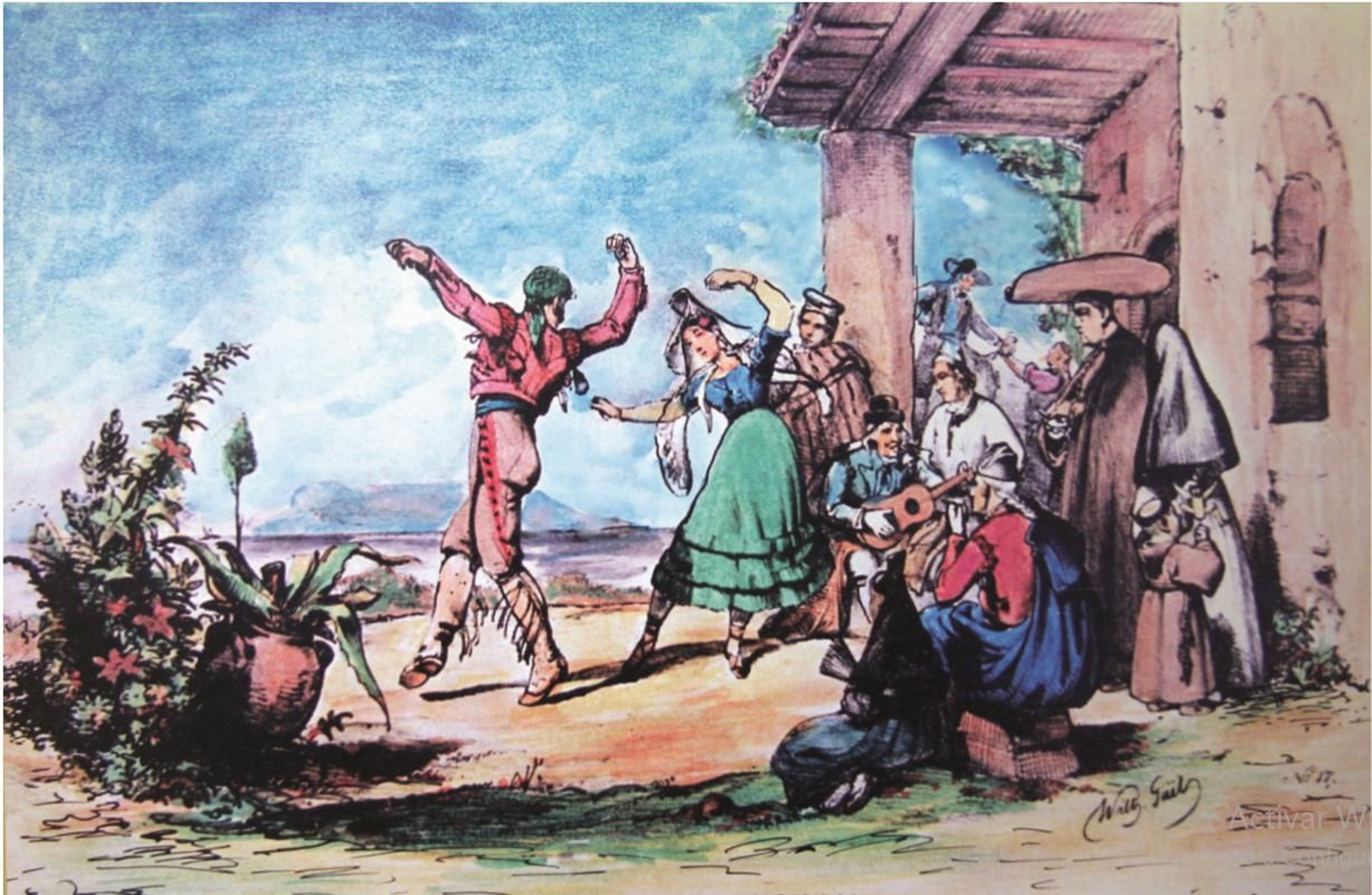 Grabado 'Der boleto in Algesira' realizado hacia 1830 por el alemán Wilhem Gaïl en el que aparece un grupo de personas bailando delante de la Capilla de la Dehesa de la Punta.