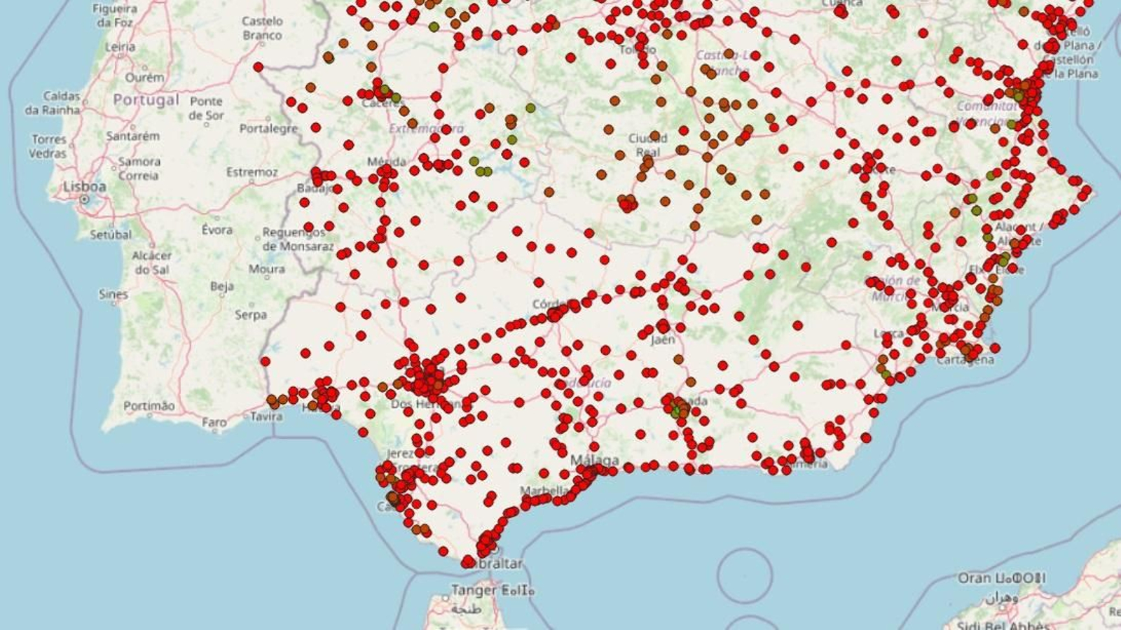 El mapa de subestaciones eléctricas del sur de España