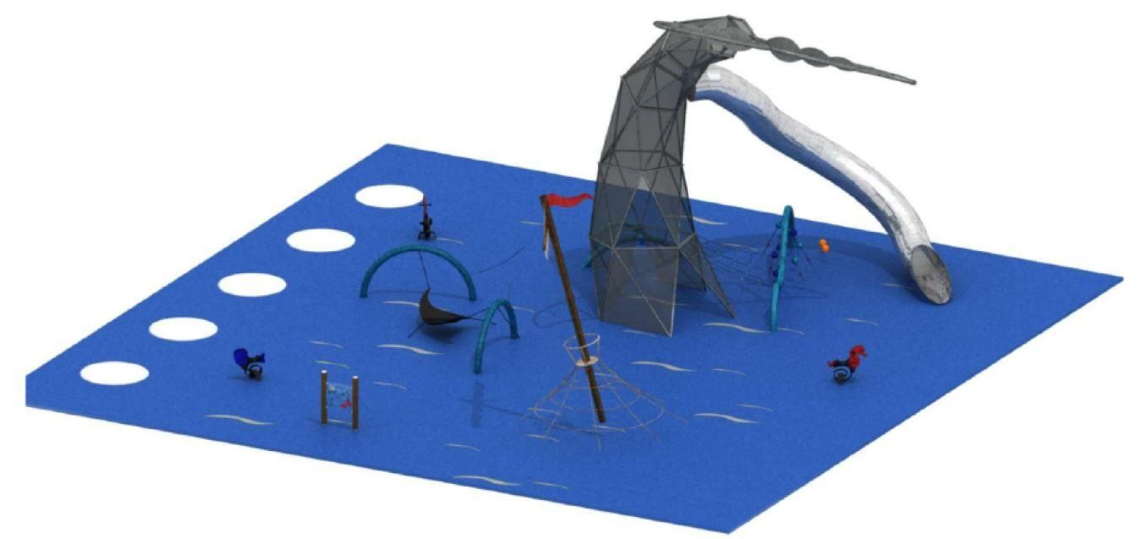 El área de juegos infantiles de temática marina con una gigantesca cola de ballena que funcionará como tobogán.
