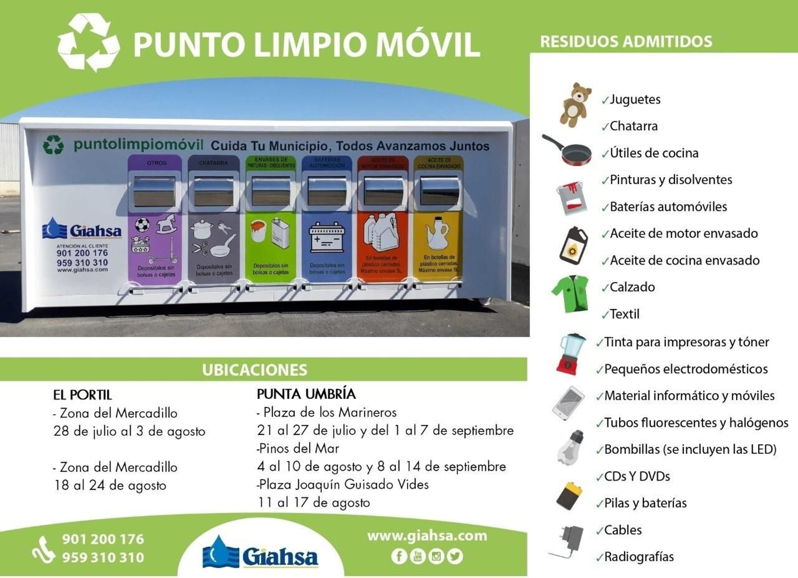 El punto limpio irá rotando por diversas zonas de Punta Umbría. El punto limpio irá rotando por diversas zonas de Punta Umbría.