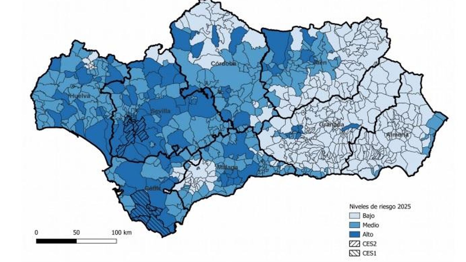 El mapa de riesgo en Andalucía por el Virus del Nilo El mapa de riesgo en Andalucía por el Virus del Nilo