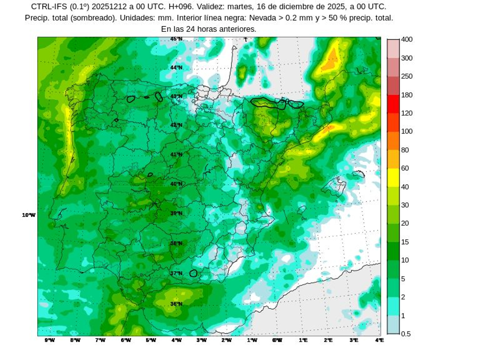 En línea negra, las zonas en las que se esperan nevadas este próximo martes a consecuencia de la borrasca Emilia.