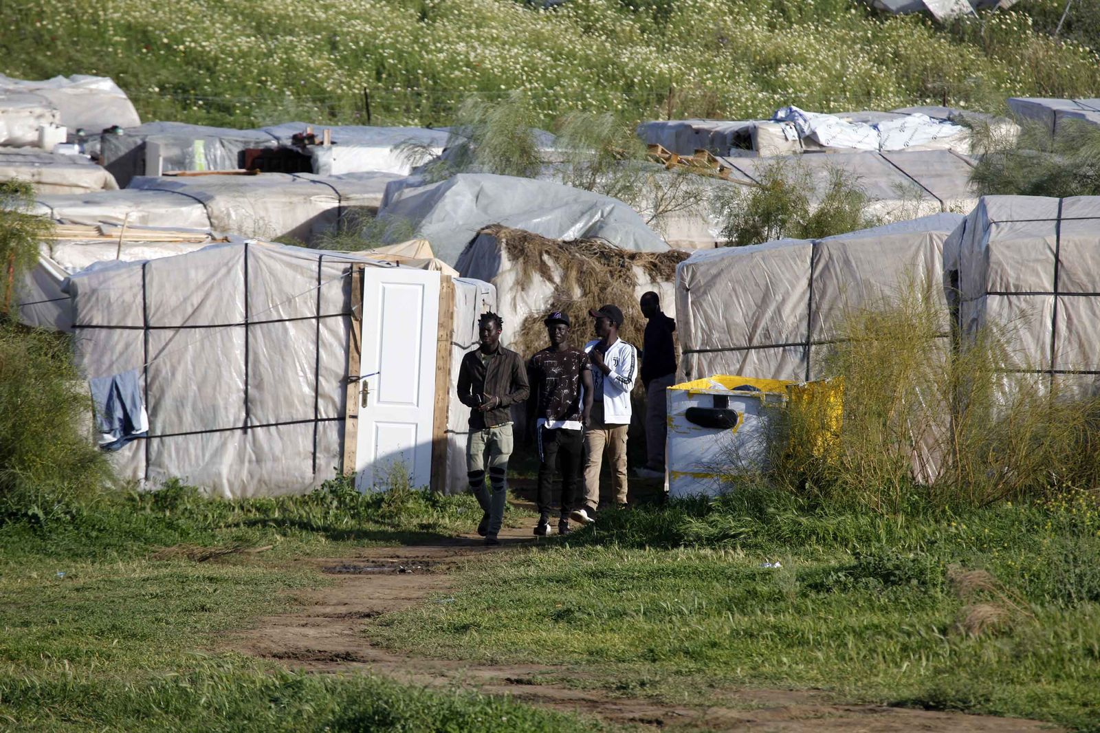 Un grupo de inmigrantes caminan por uno de los asentamientos chabolistas de la provincia.